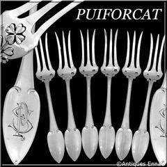 Puiforcat Rare French Sterling Silver Dessert Cake Forks Six pieces, Clovers