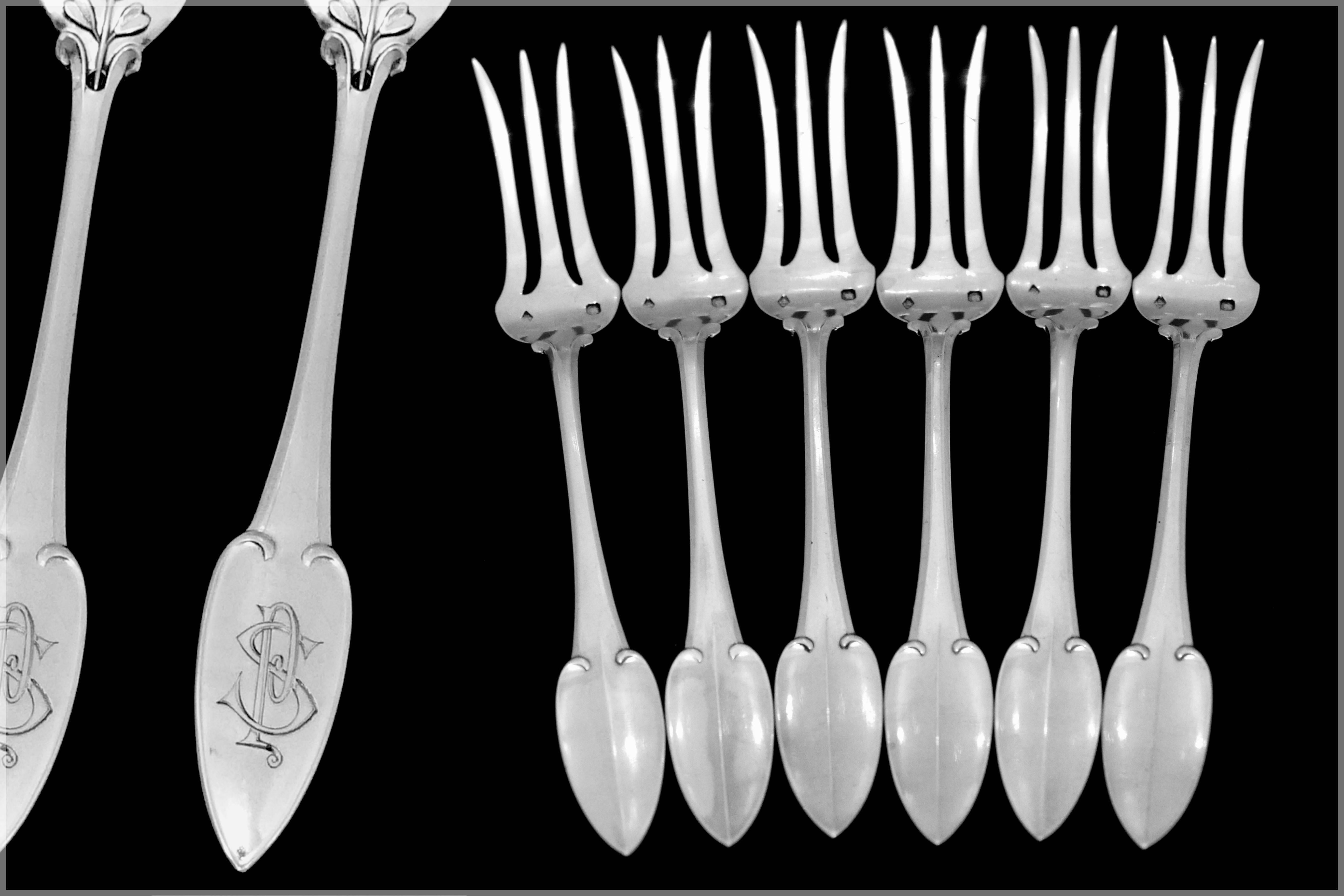Puiforcat Rare French Sterling Silver Dessert Cake Forks Six pieces, Clovers For Sale 1
