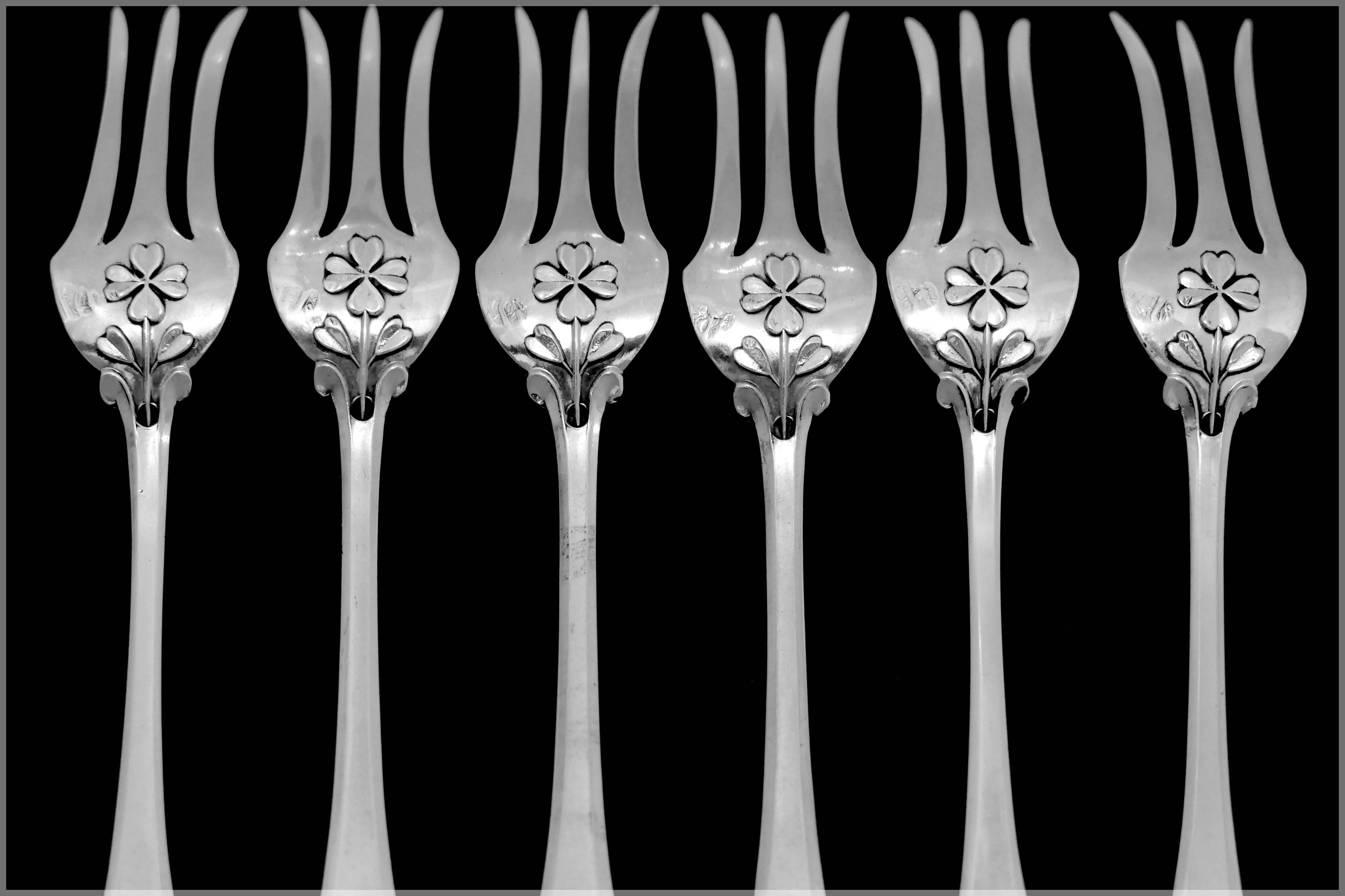 Puiforcat Rare French Sterling Silver Dessert Cake Forks Six pieces, Clovers For Sale 5