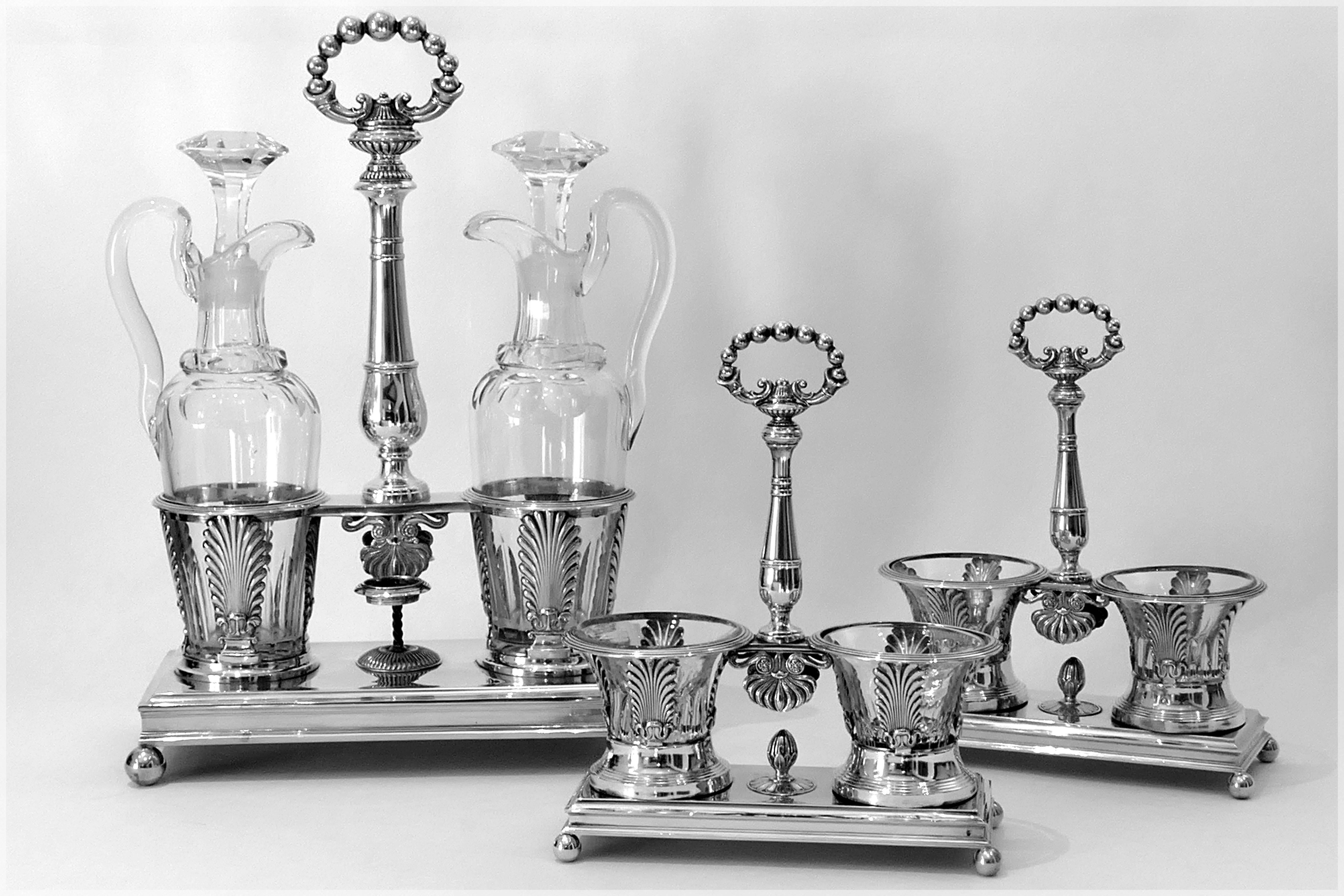 1819 Imposing French Sterling Silver Baccarat Crystal Bottles Condiment Set 4