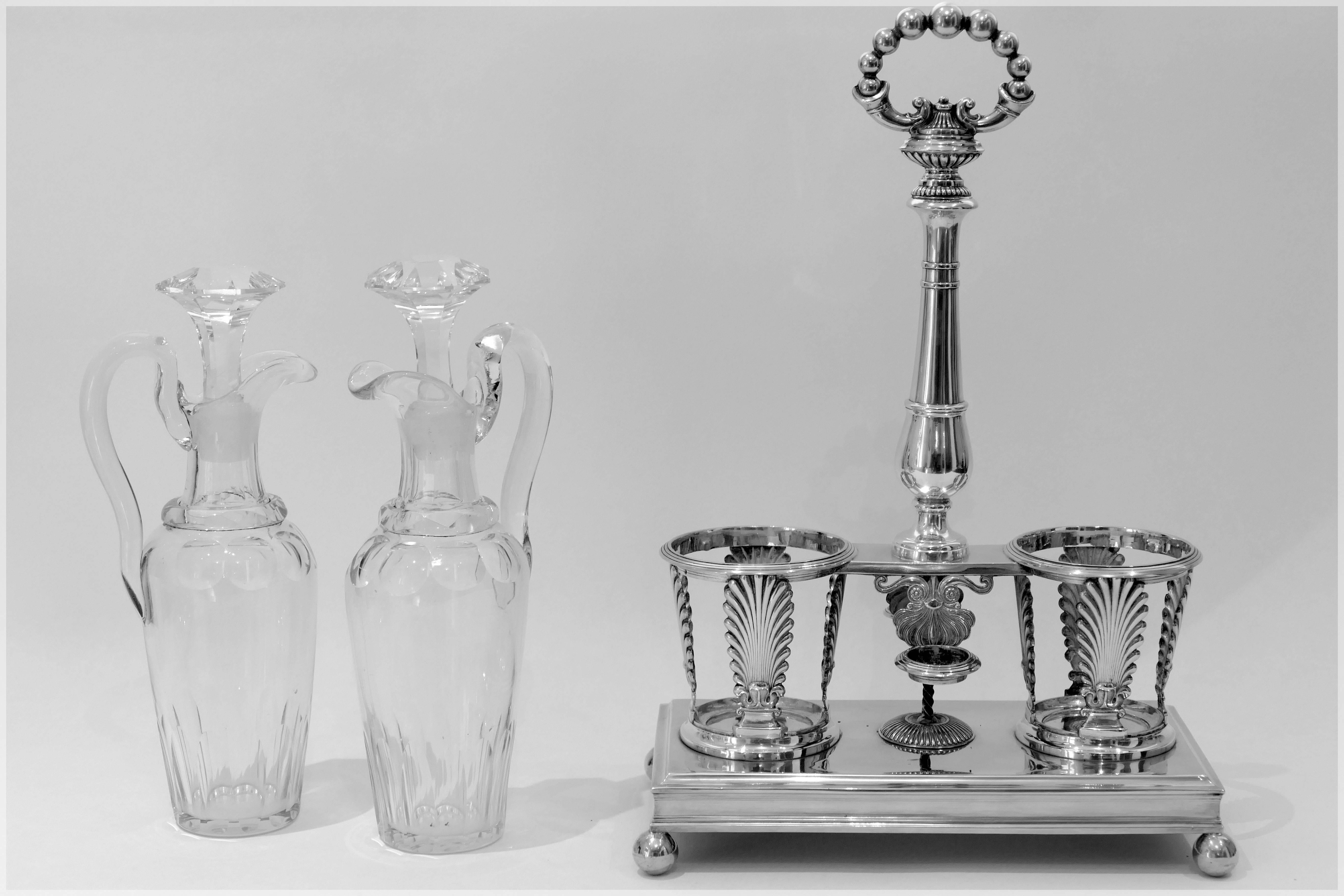 Early 19th Century 1819 Imposing French Sterling Silver Baccarat Crystal Bottles Condiment Set