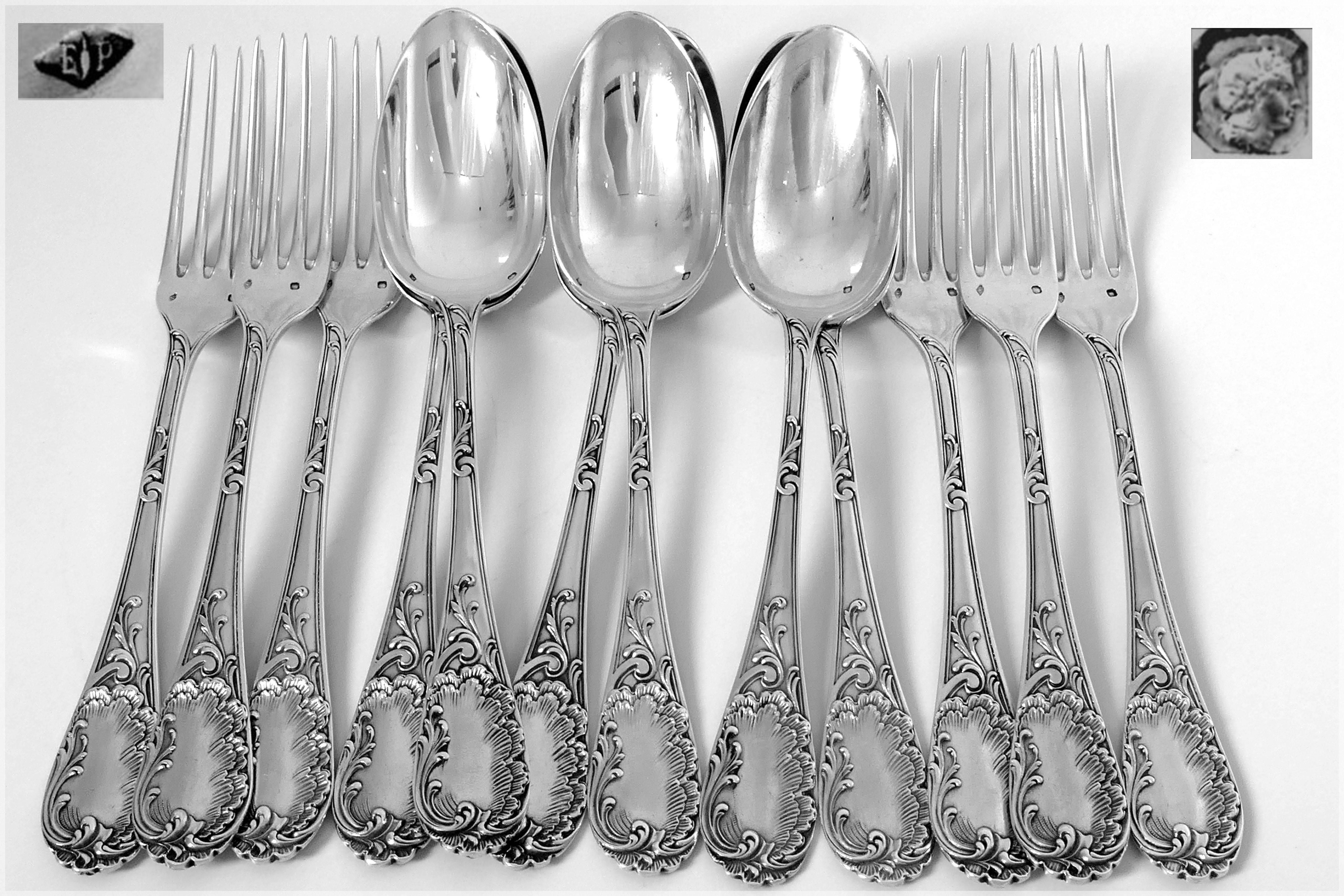 Puiforcat Fabulous French Sterling Silver Dinner Flatware Set 12 Pieces Rococo In Good Condition For Sale In TRIAIZE, PAYS DE LOIRE