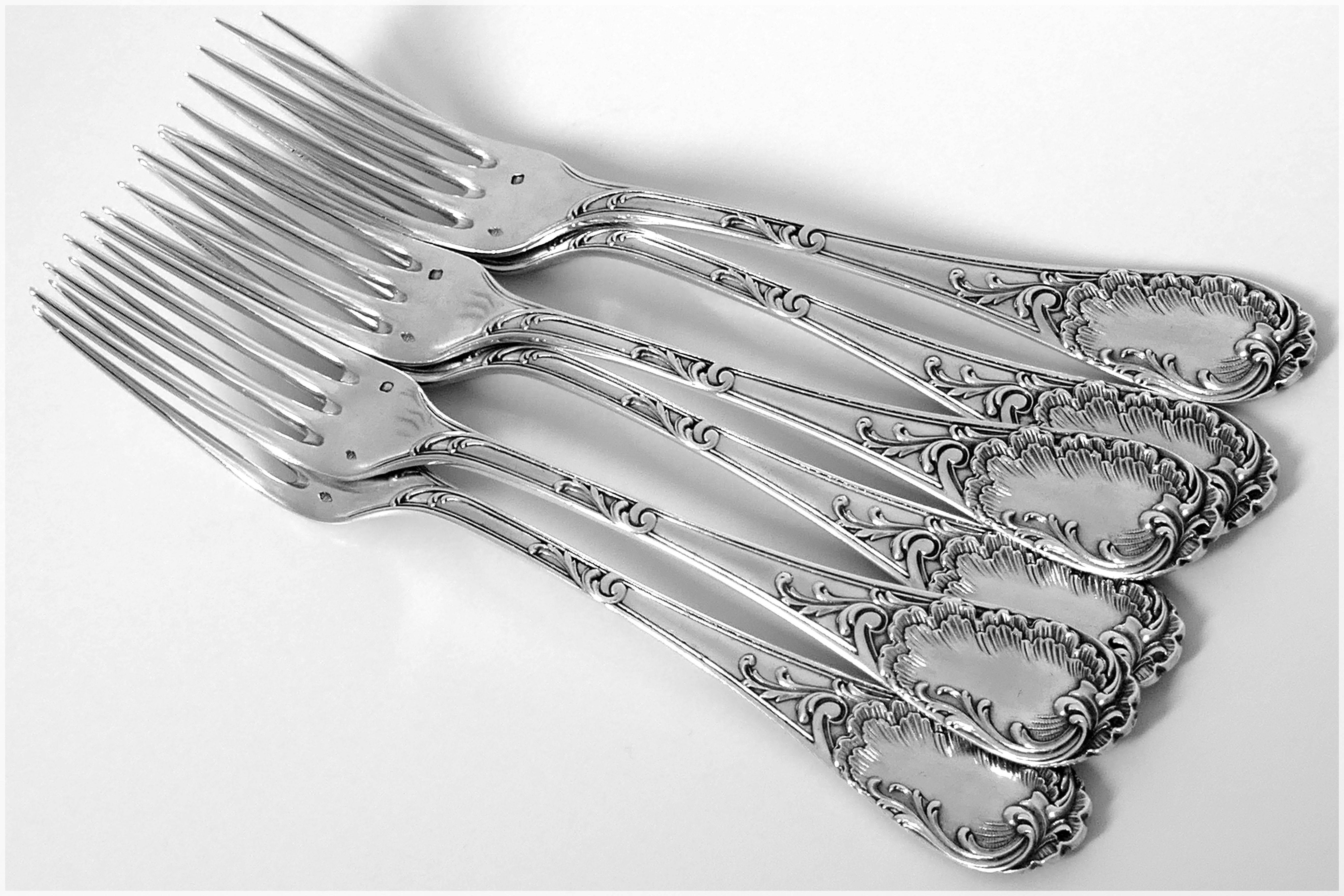 Puiforcat Fabulous French Sterling Silver Dinner Flatware Set 12 Pieces Rococo For Sale 3
