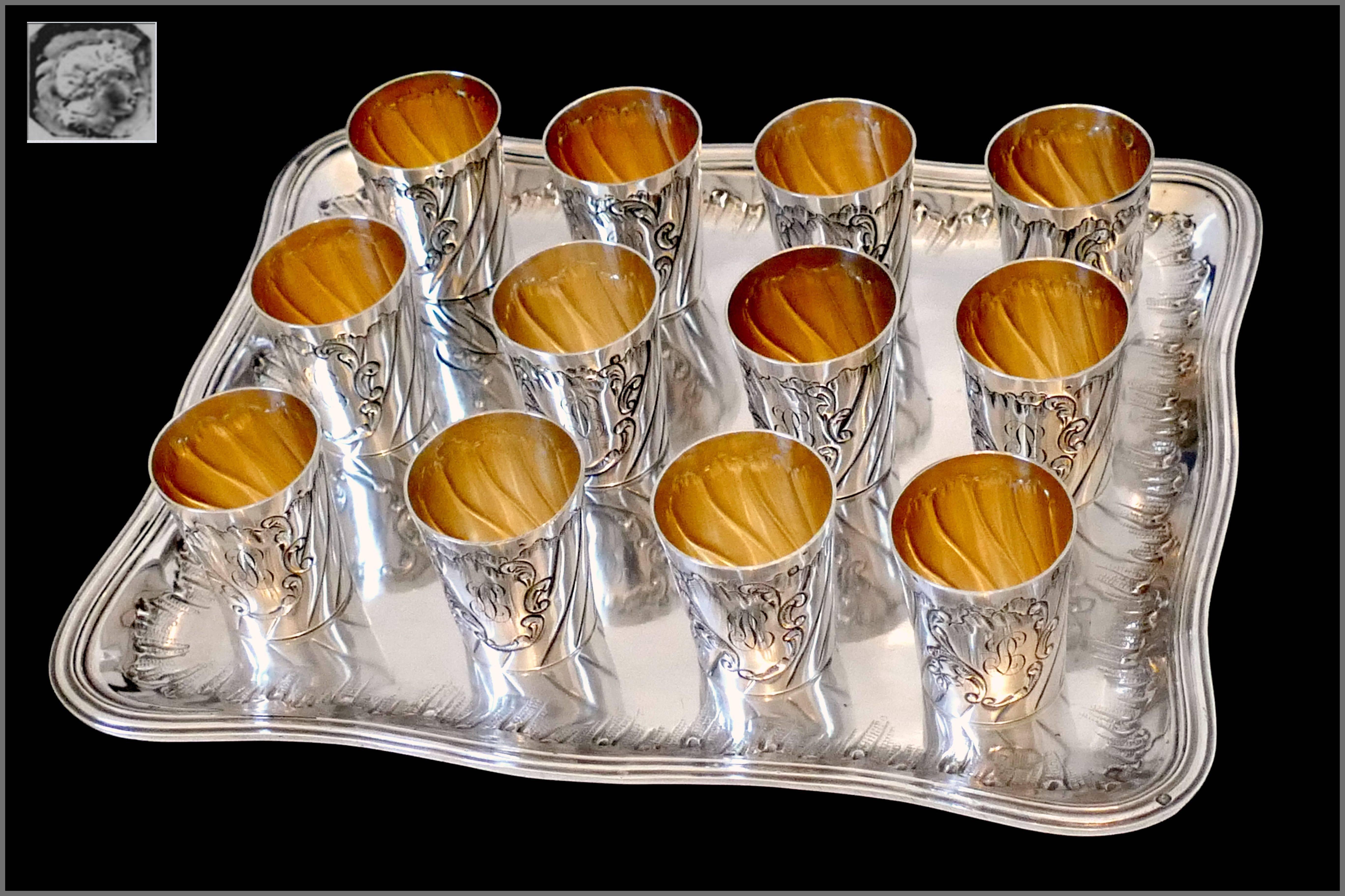 Rococo Rare French Sterling Silver 18-Karat Gold Liquor Cups with Original Tray and Box