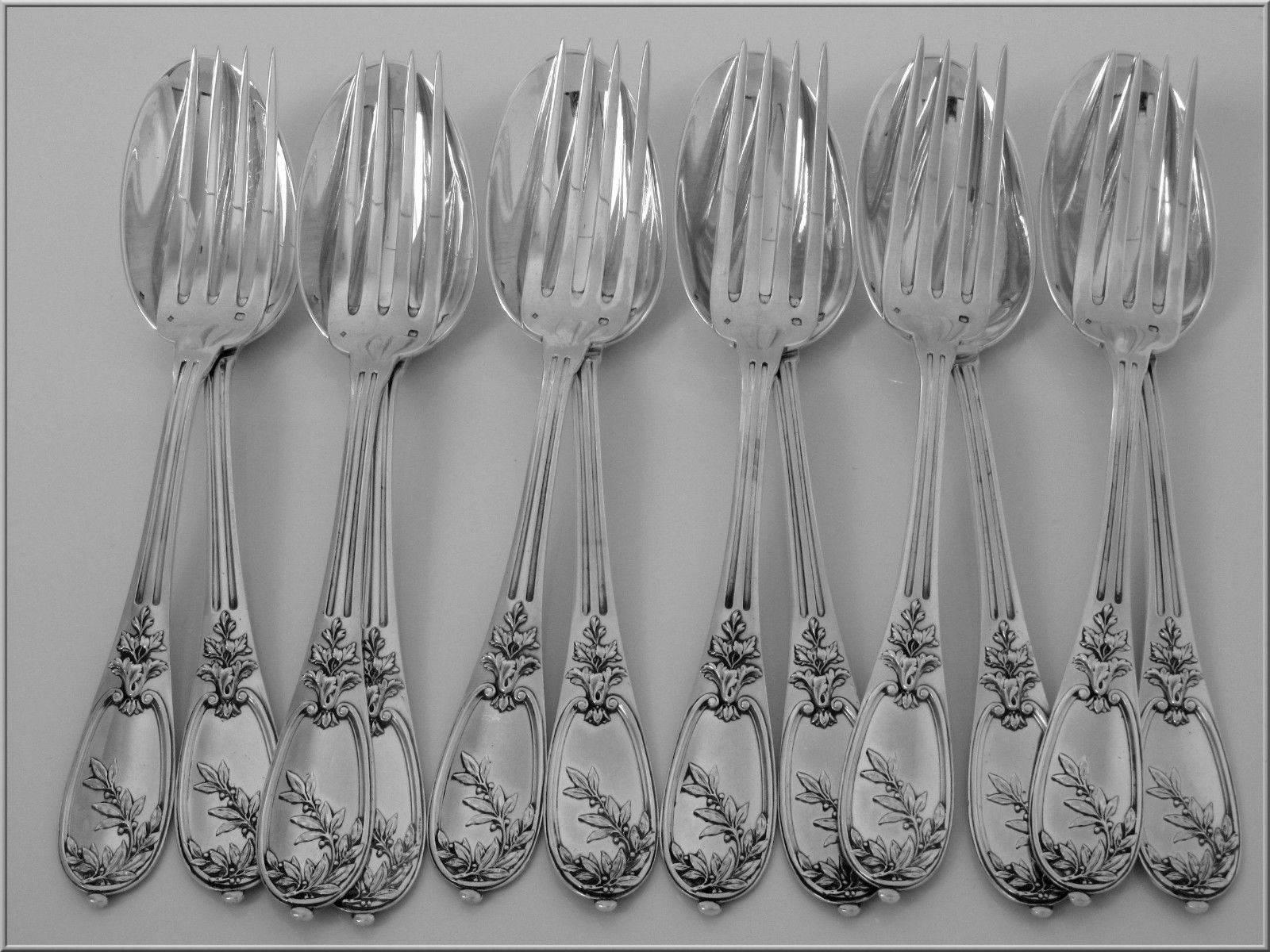 Late 19th Century Henin French Sterling Silver Dinner Flatware Set of 12 Pieces, Neoclassical