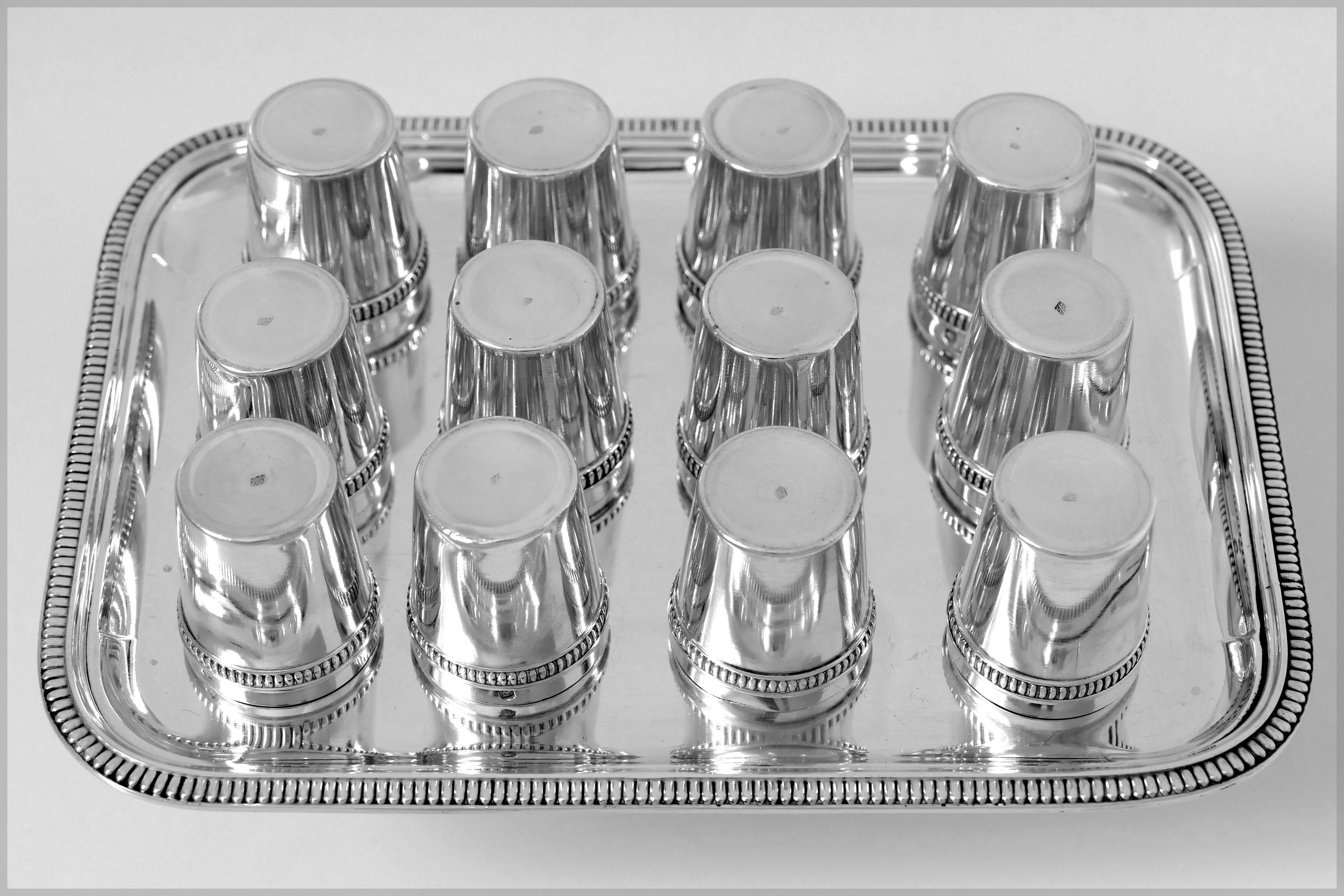 Rare French All Sterling Silver 18-Karat Gold Liquor Cups 12 Pieces with Tray For Sale 3