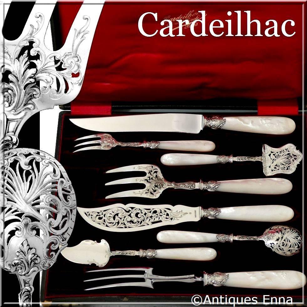 Cardeilhac French sterling silver and mother-of-pearl serving implement set box

A set of truly exceptional quality, for the richness of its decoration, its form and sculpting. The set includes a carving set two pieces, a fish server two pieces and