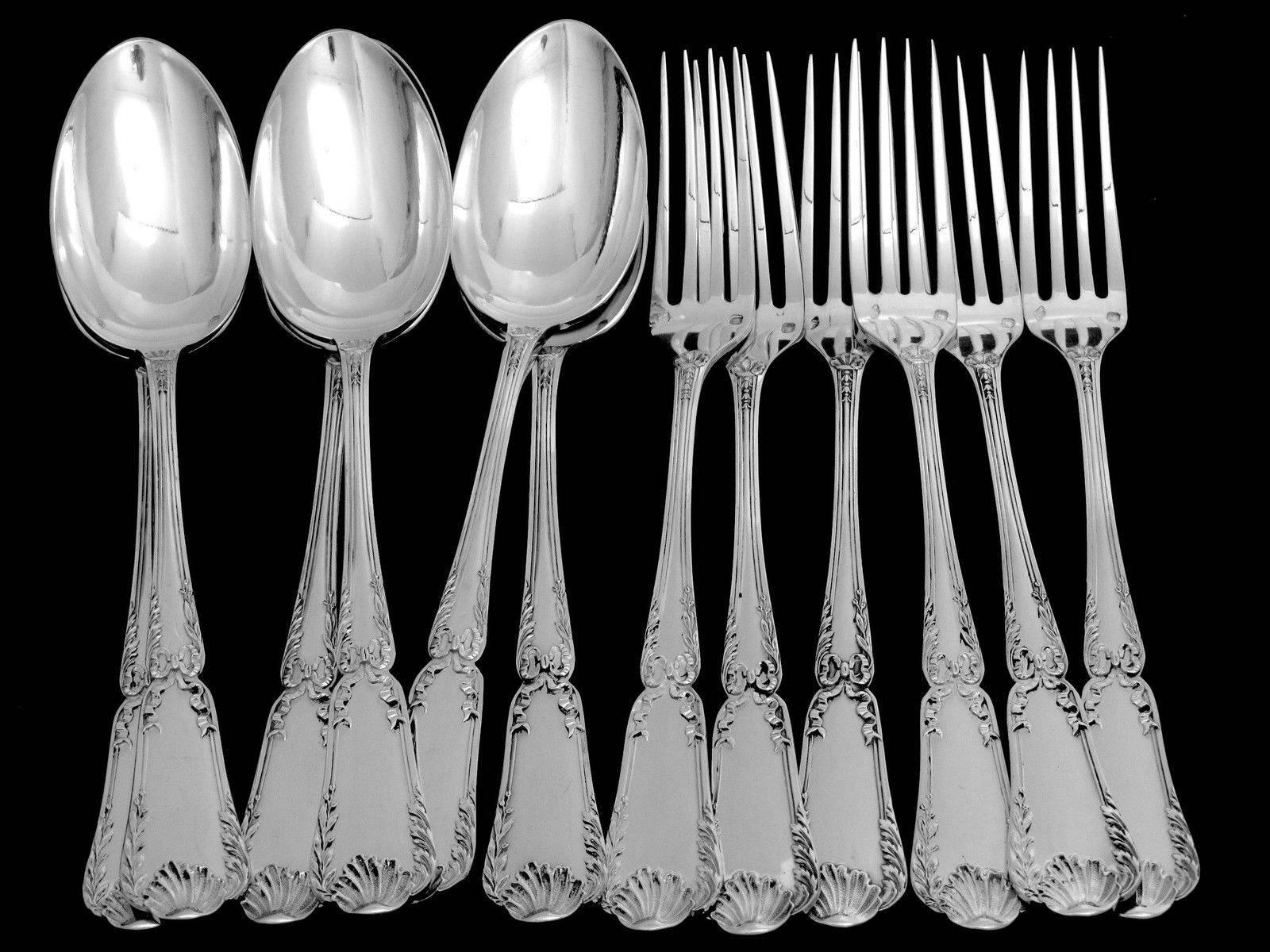 Puiforcat French sterling silver flatware 18-piece pompadour new stainless steel blades. 

A rare flatware with foliate, shell and ribbon decoration. There are plate of the Maison Puiforcat catalogue, and is called 
