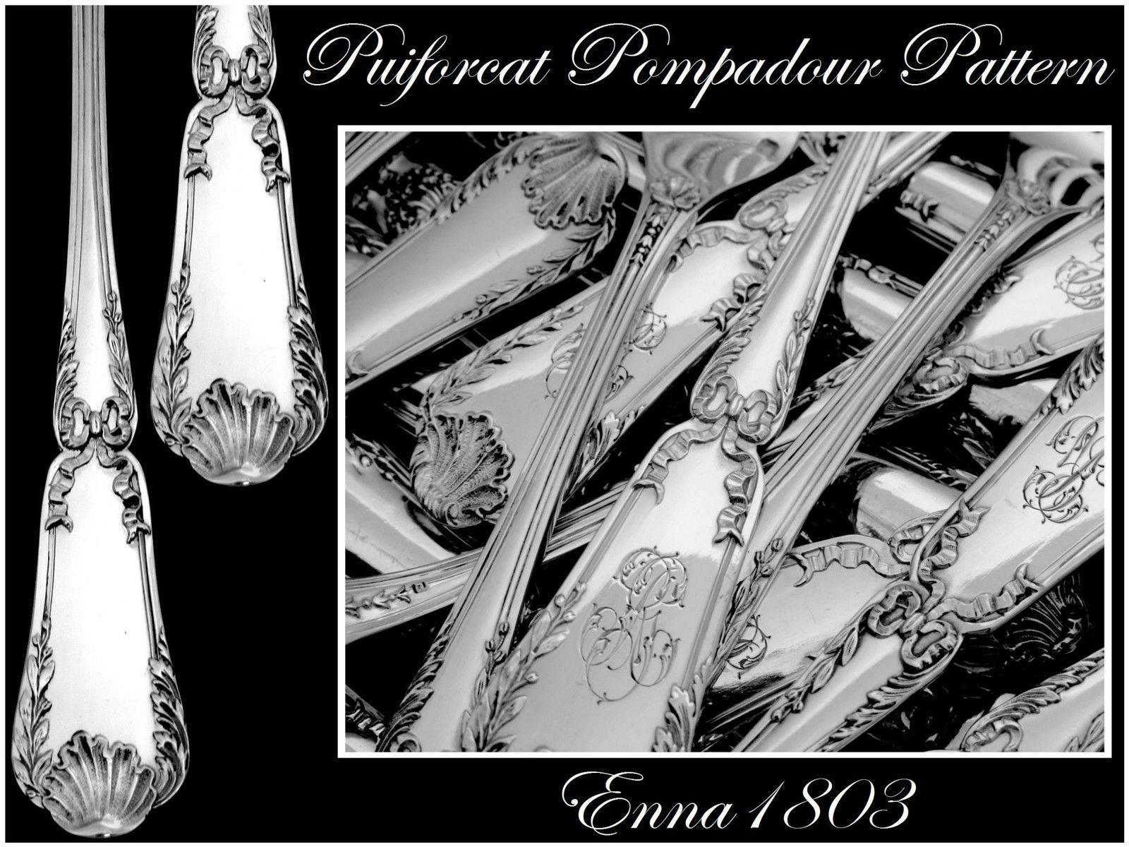 Late 19th Century Puiforcat French Sterling Silver Flatware 18 Pc Pompadour, New Stainless Blades