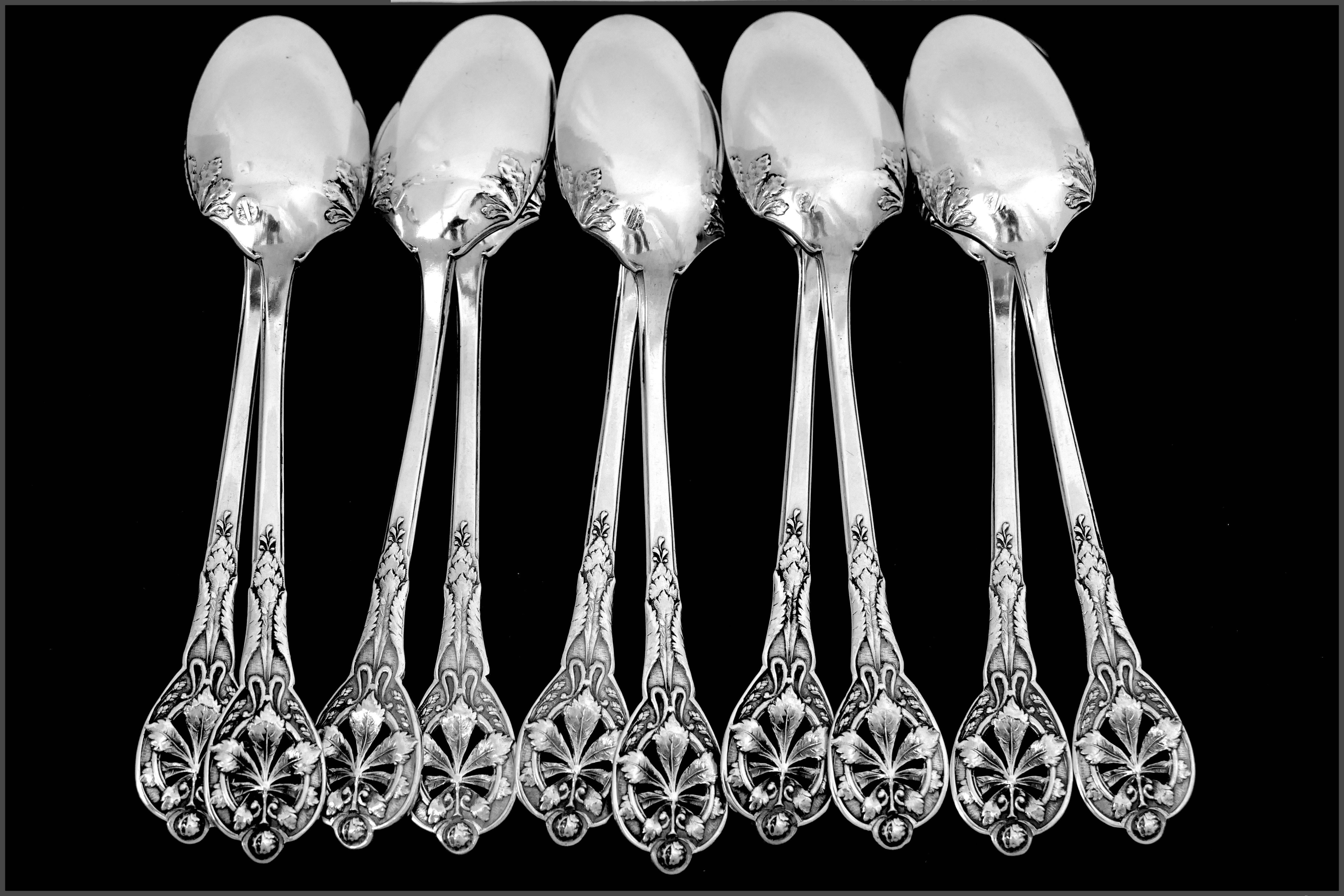 Henin Masterpiece French Sterling Silver Tea Coffee Spoons Set Chestnut Leaves 1
