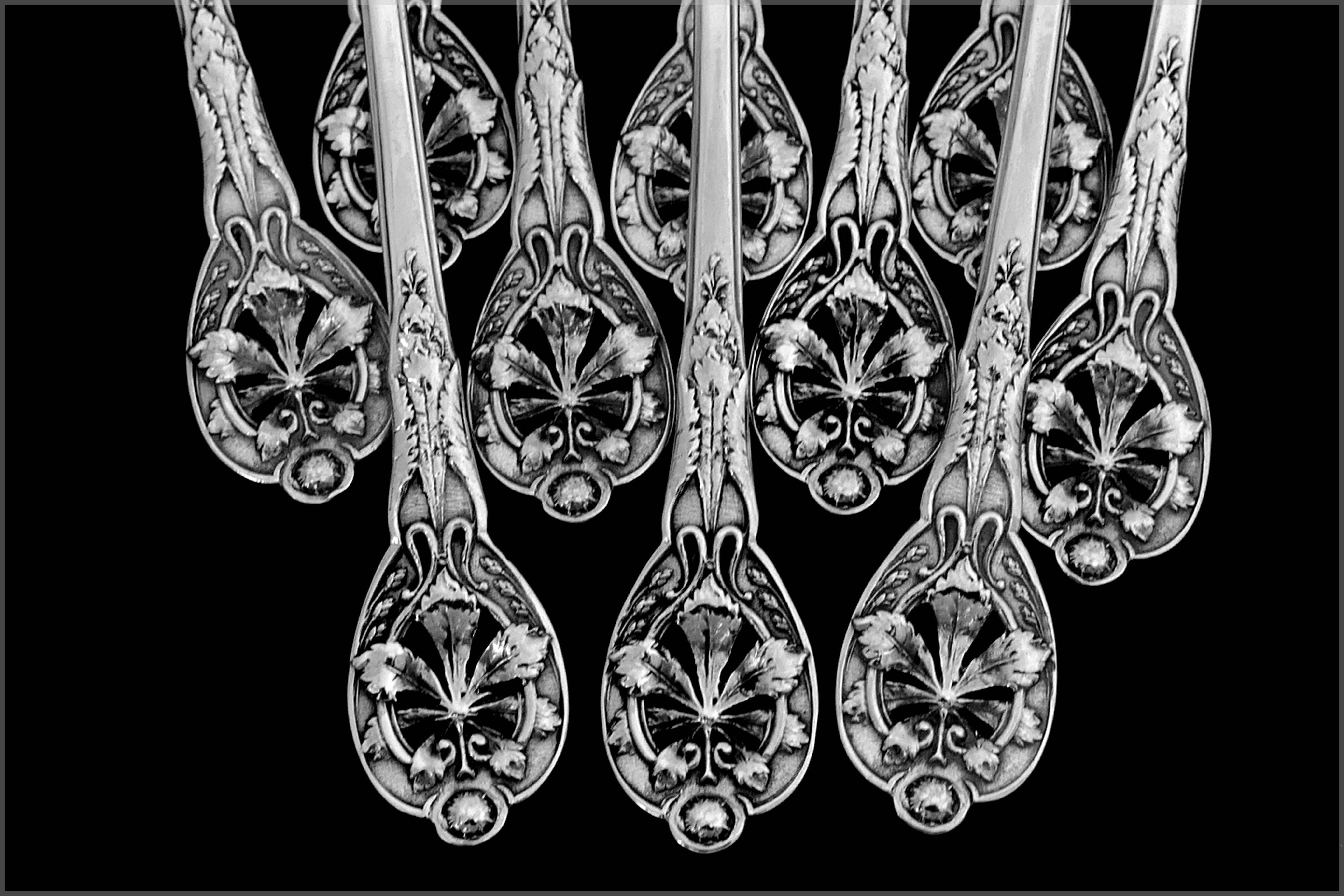 Henin Masterpiece French Sterling Silver Tea Coffee Spoons Set Chestnut Leaves 3