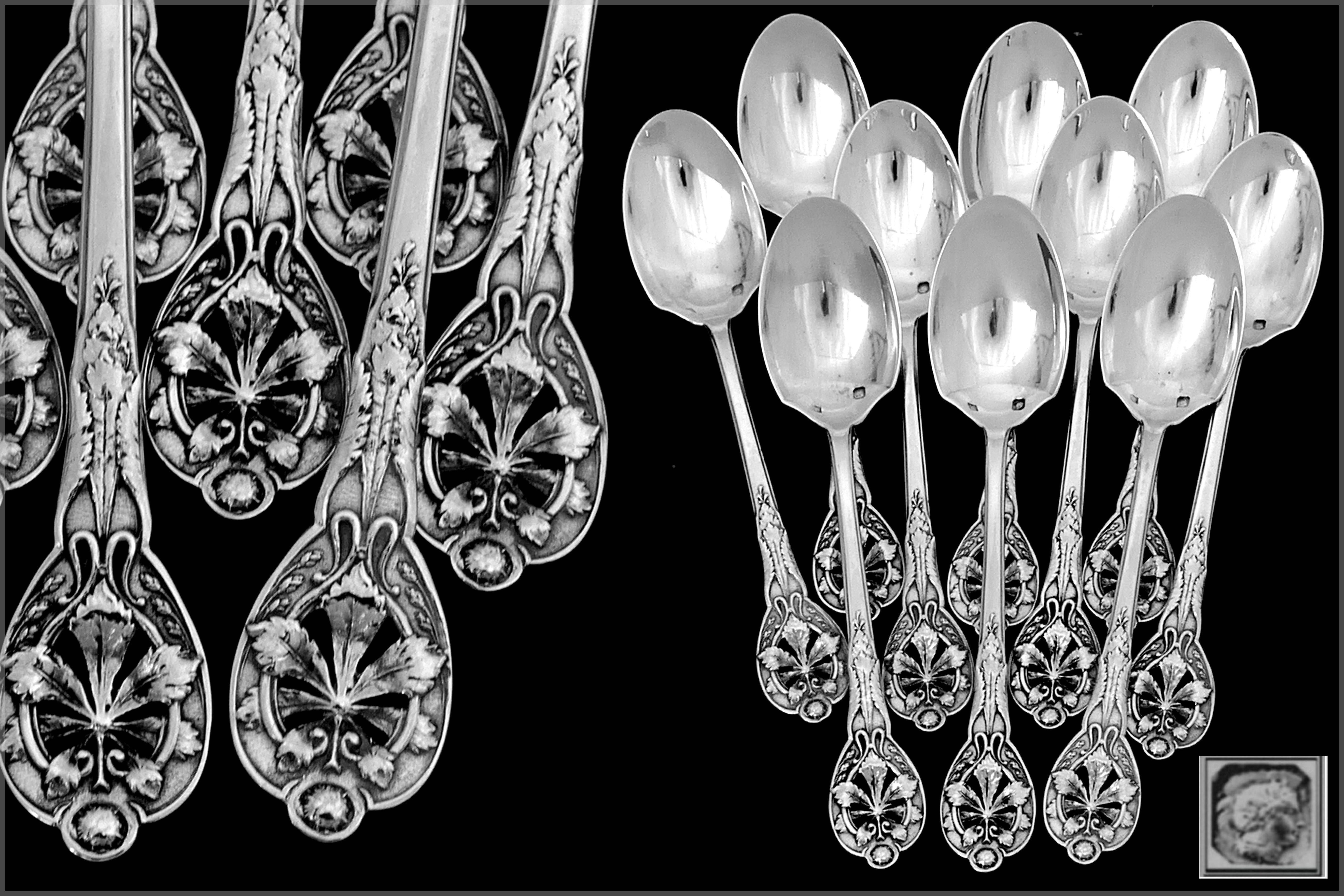 Henin Masterpiece French Sterling Silver Tea Coffee Spoons Set Chestnut Leaves In Good Condition In TRIAIZE, PAYS DE LOIRE