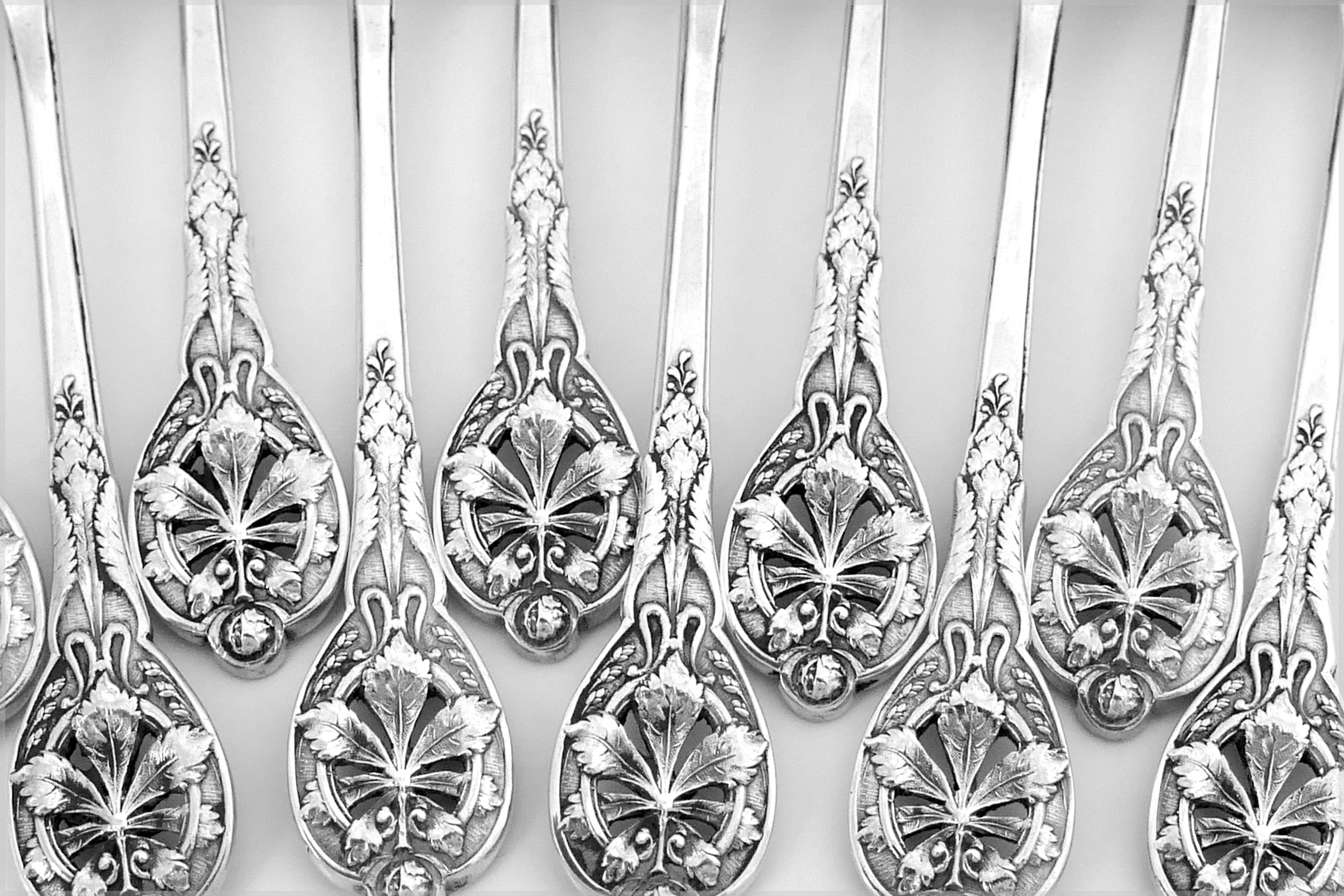 Late 19th Century Henin Masterpiece French Sterling Silver Tea Coffee Spoons Set Chestnut Leaves