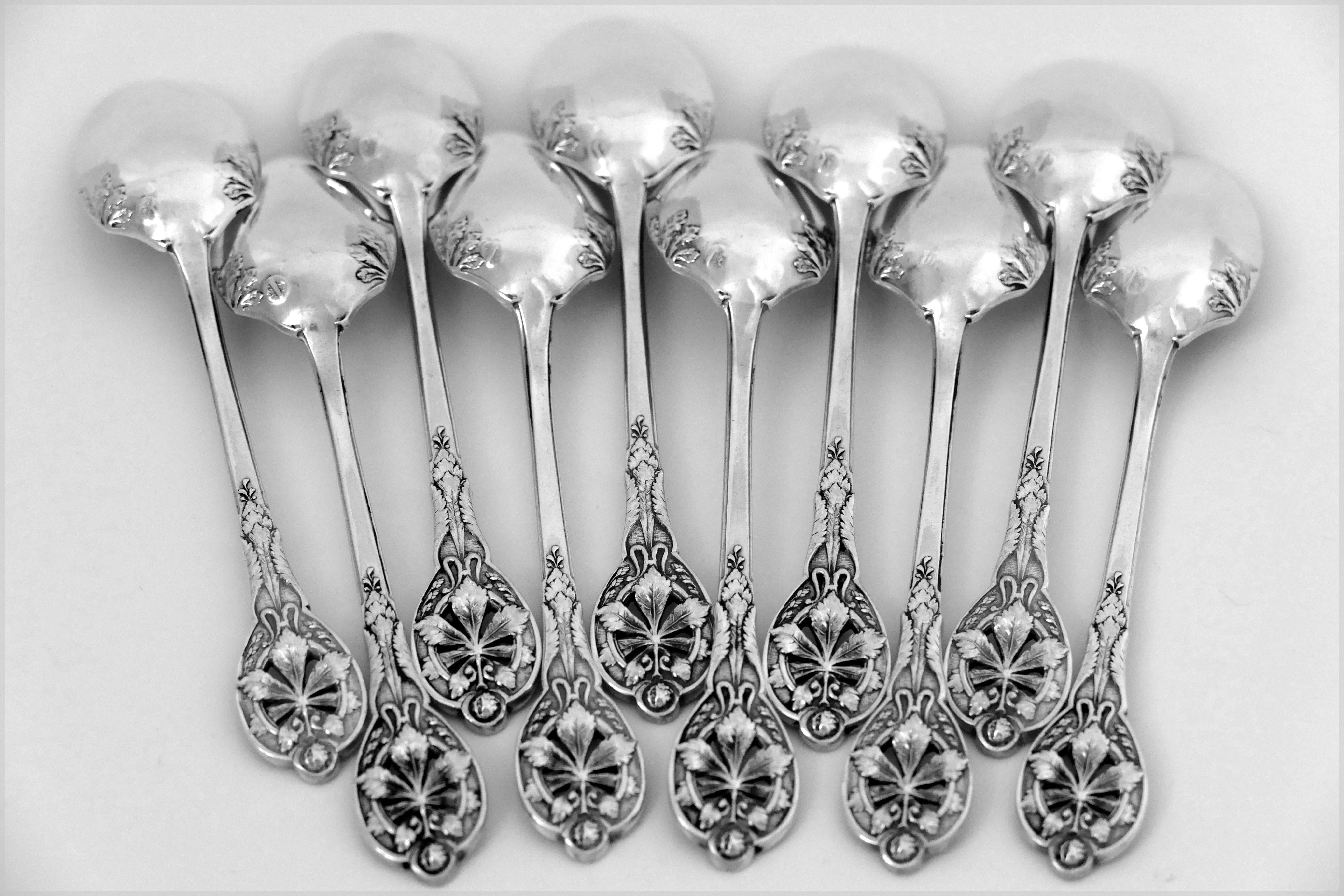 Henin Masterpiece French Sterling Silver Tea Coffee Spoons Set Chestnut Leaves 2