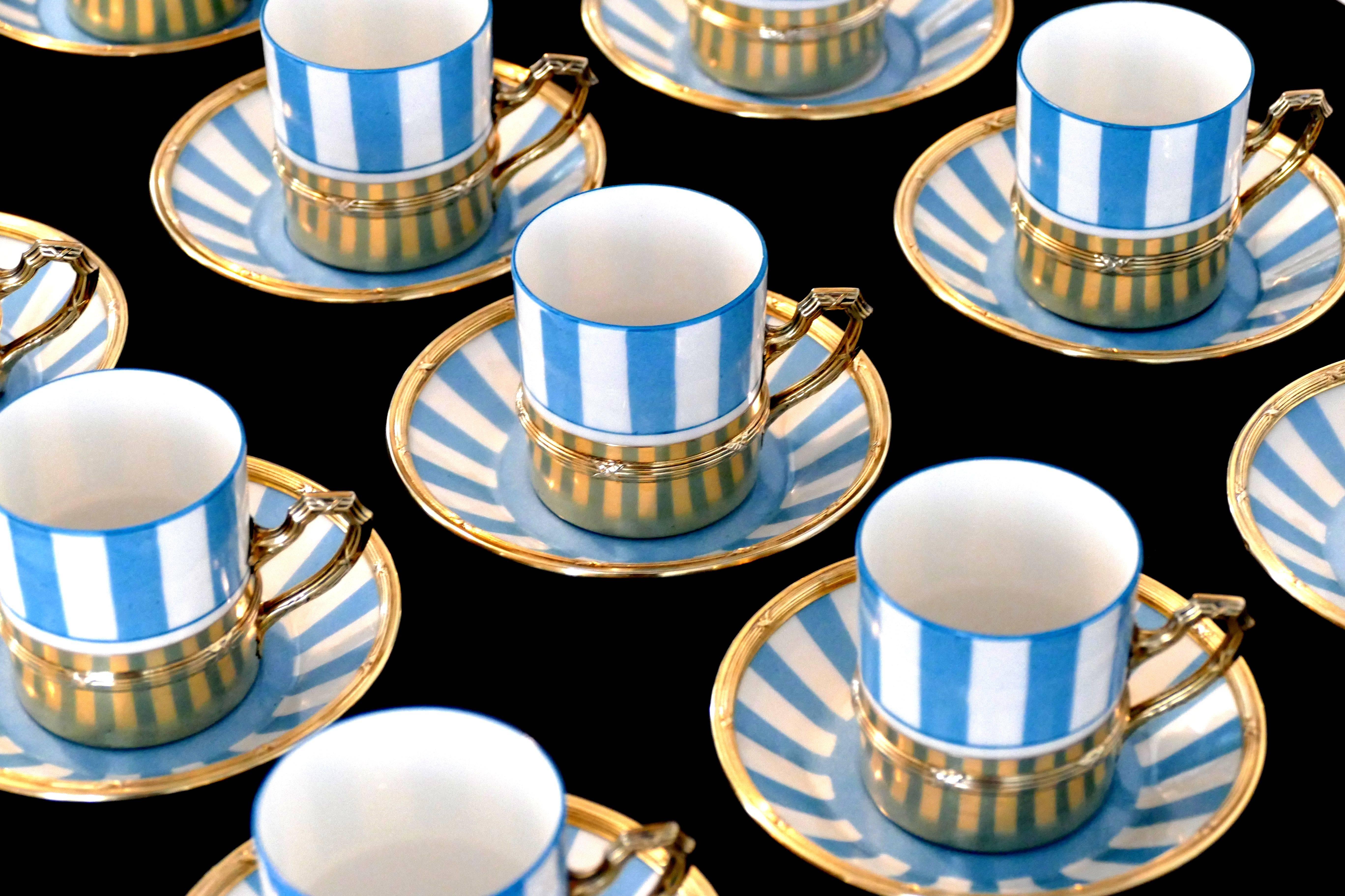 French Sterling Silver 18-Karat Gold Sevres Porcelain Coffee Cups, Saucers, Box 1