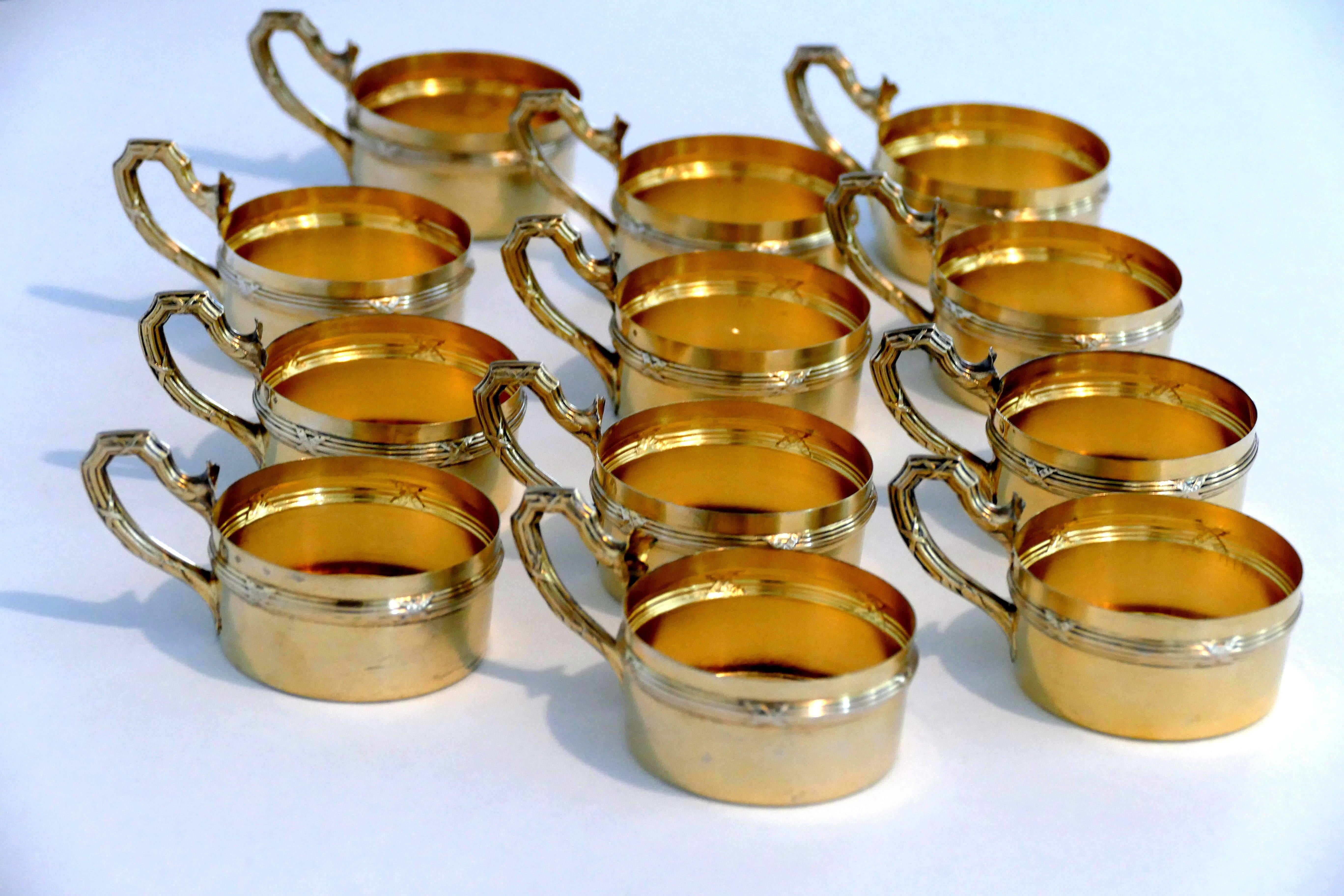 French Sterling Silver 18-Karat Gold Sevres Porcelain Coffee Cups, Saucers, Box In Excellent Condition In TRIAIZE, PAYS DE LOIRE