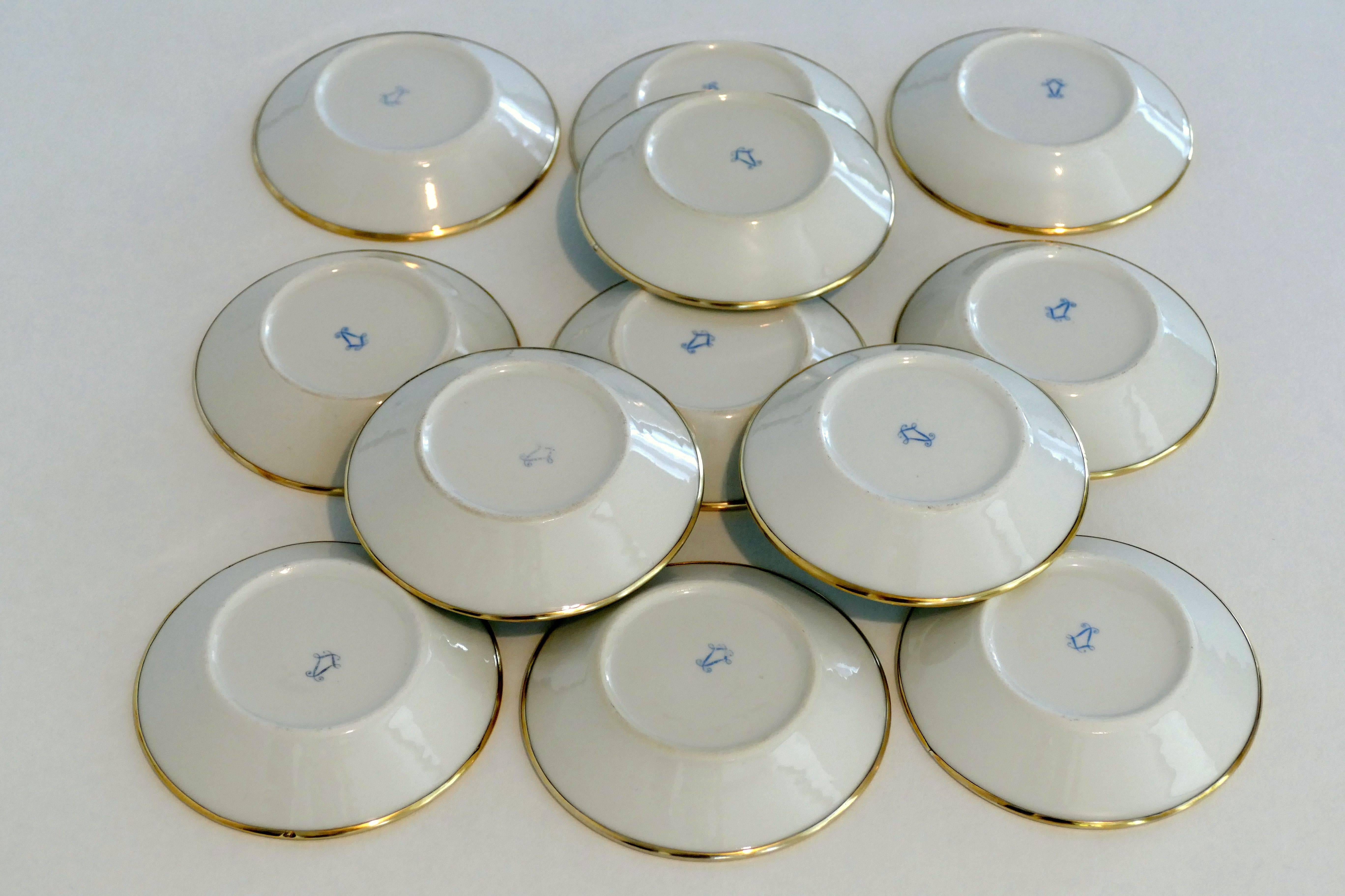 Early 20th Century French Sterling Silver 18-Karat Gold Sevres Porcelain Coffee Cups, Saucers, Box