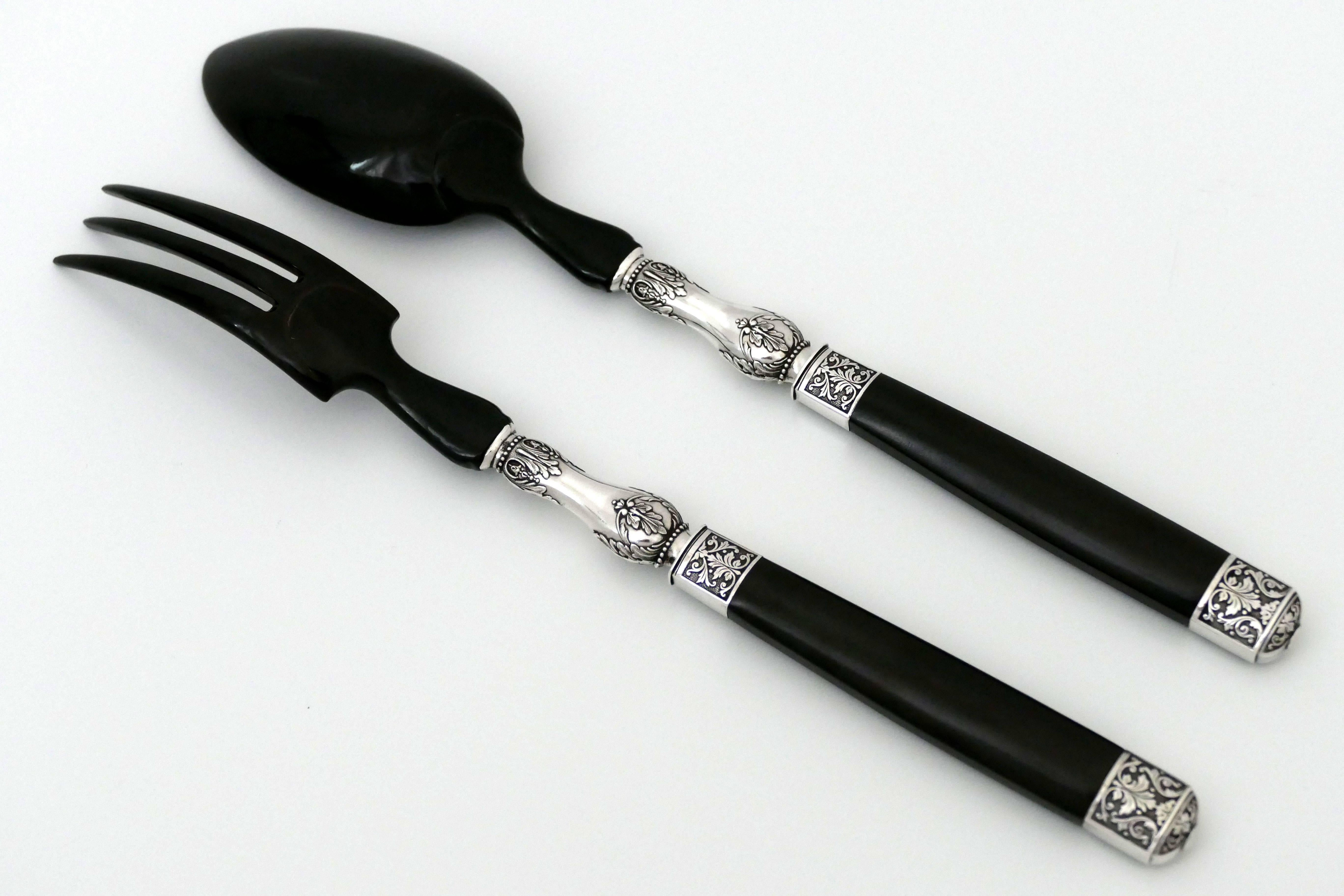 Louis XVI 1900s Leprince French Sterling Silver Ebony Serving Implement Set, Box, Acanthus For Sale
