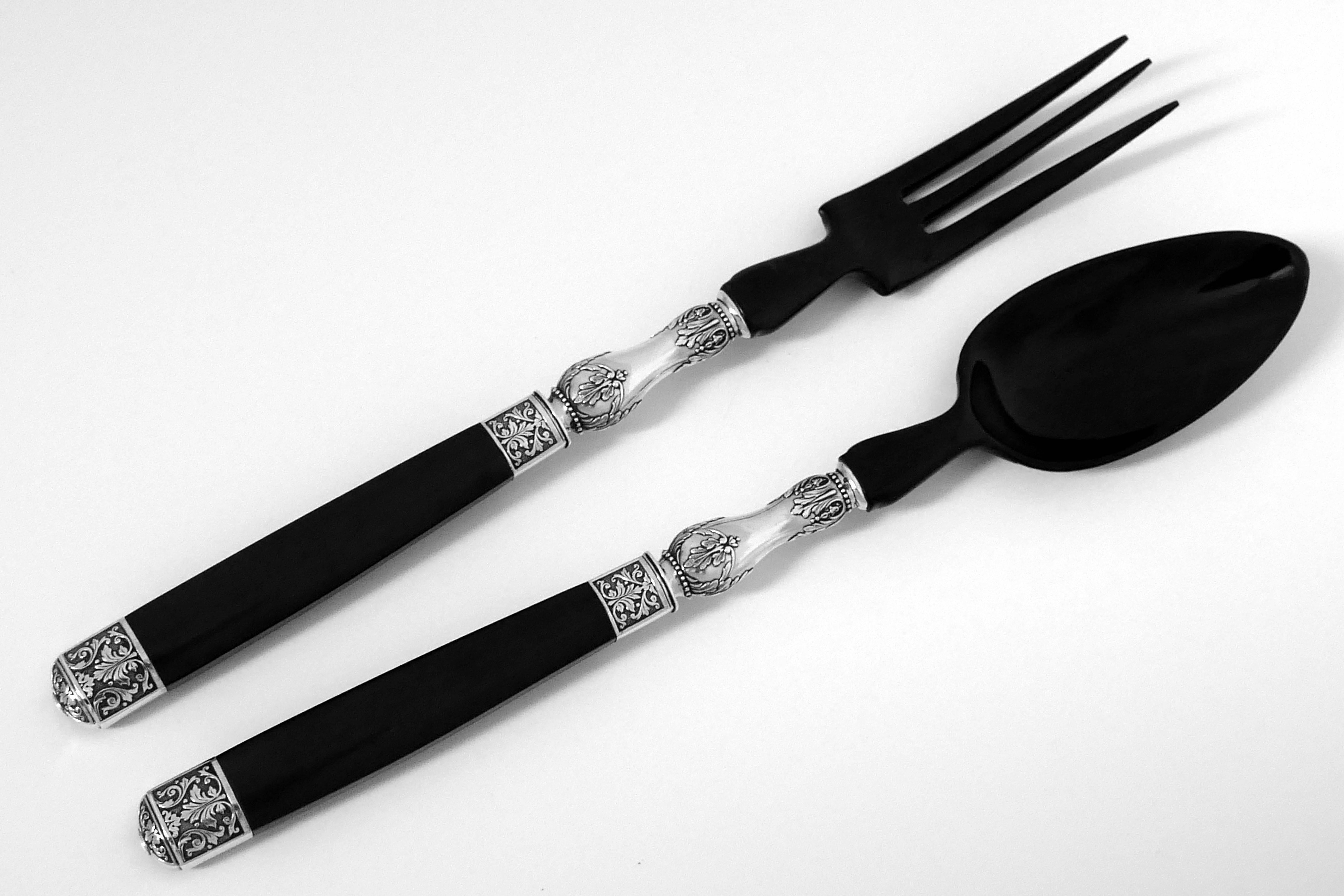 1900s Leprince French Sterling Silver Ebony Serving Implement Set, Box, Acanthus For Sale 1