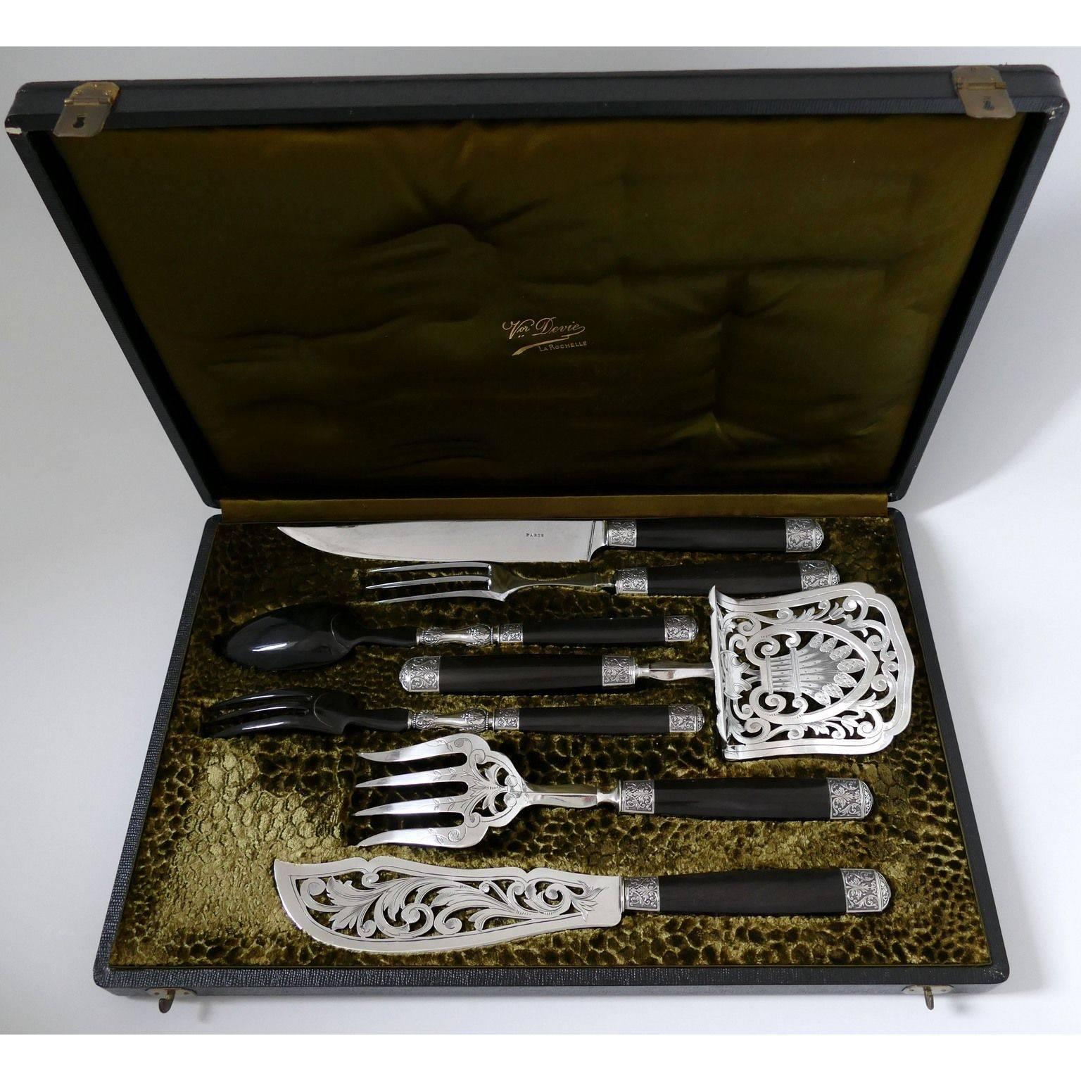 1900s Leprince French Sterling Silver Ebony Serving Implement Set, Box, Acanthus For Sale 4