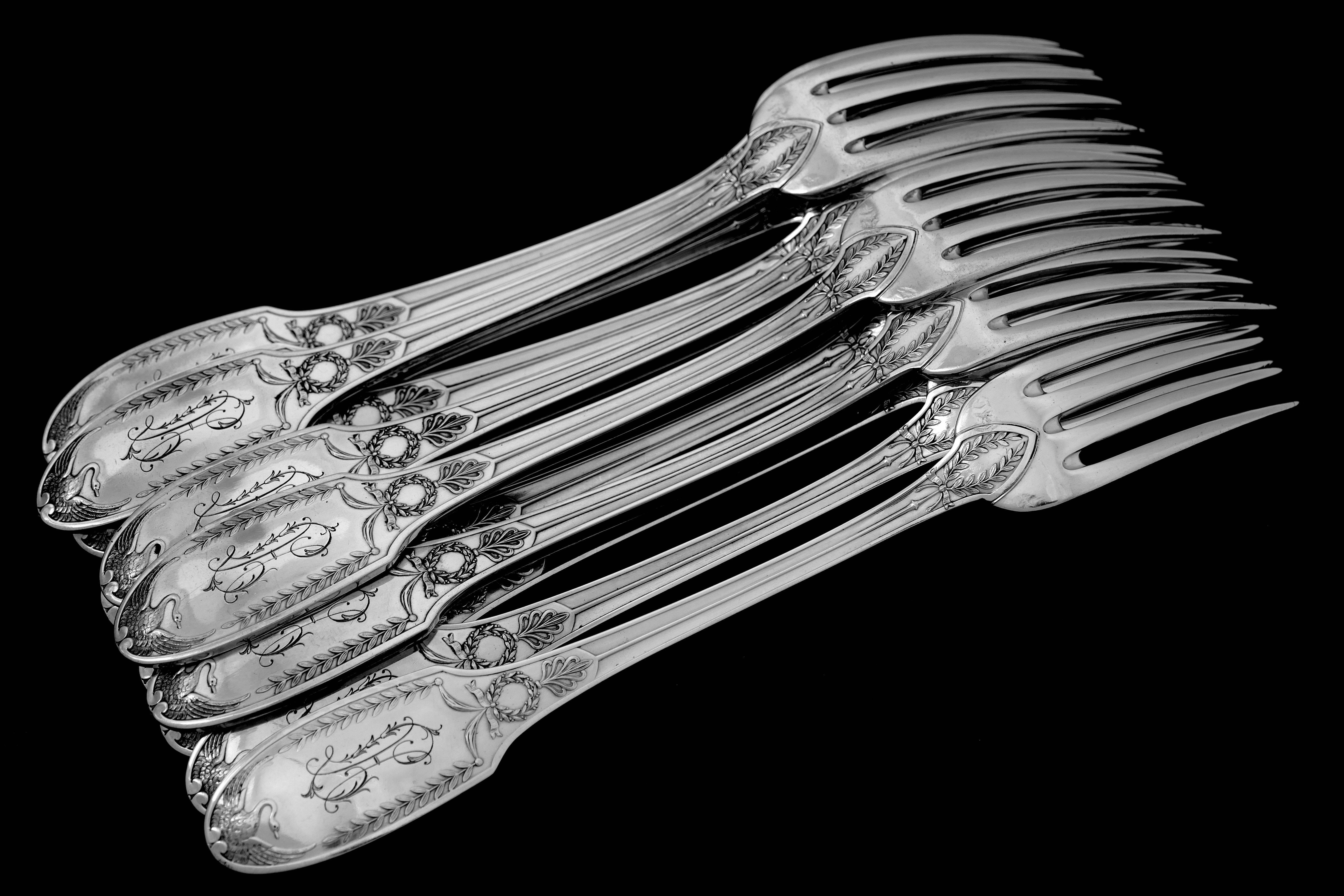 Late 19th Century Puiforcat French Sterling Silver Flatware Set of 48 Pieces, Chest, Empire, Swan 