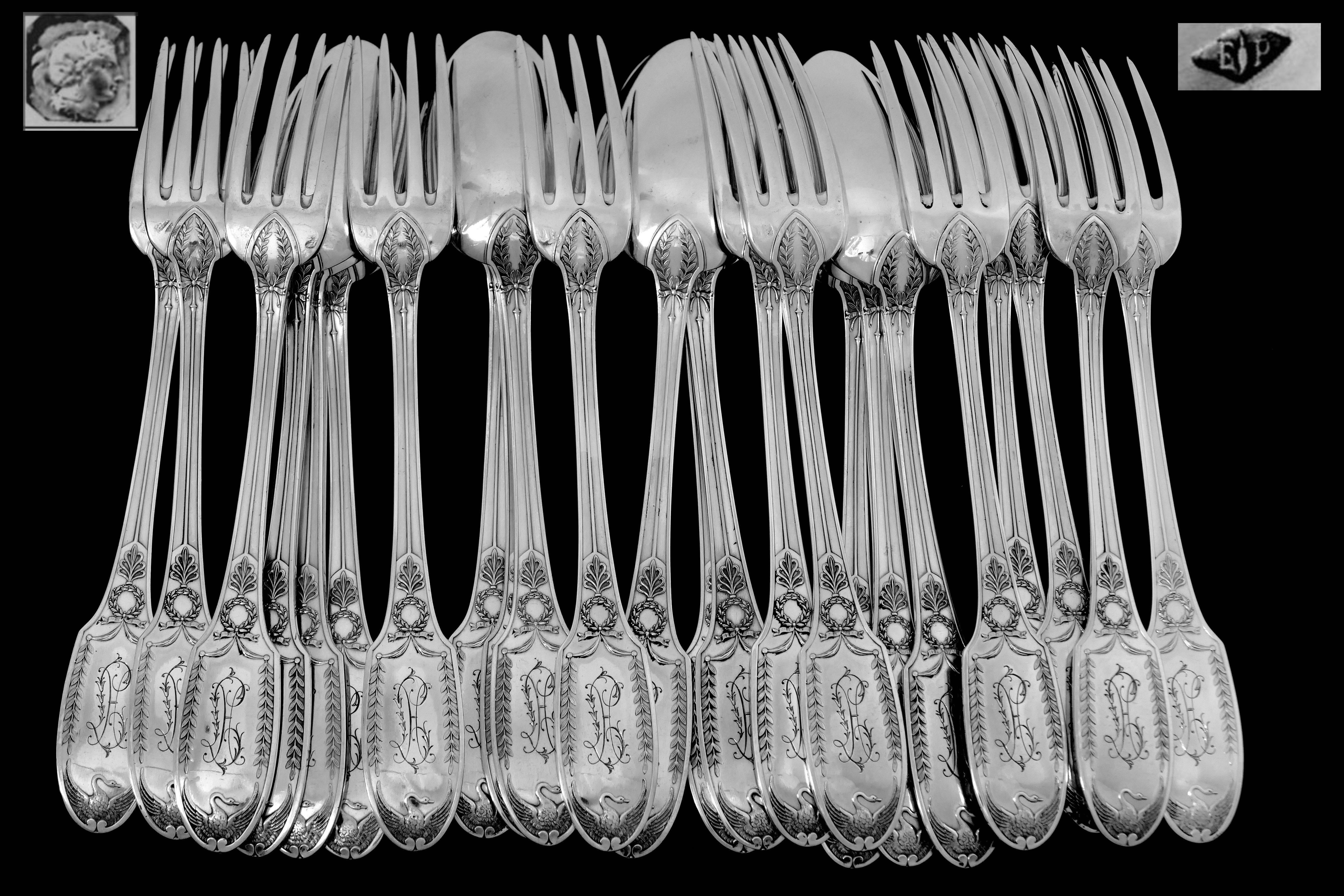 Puiforcat French Sterling Silver Flatware Set of 48 Pieces, Chest, Empire, Swan  1