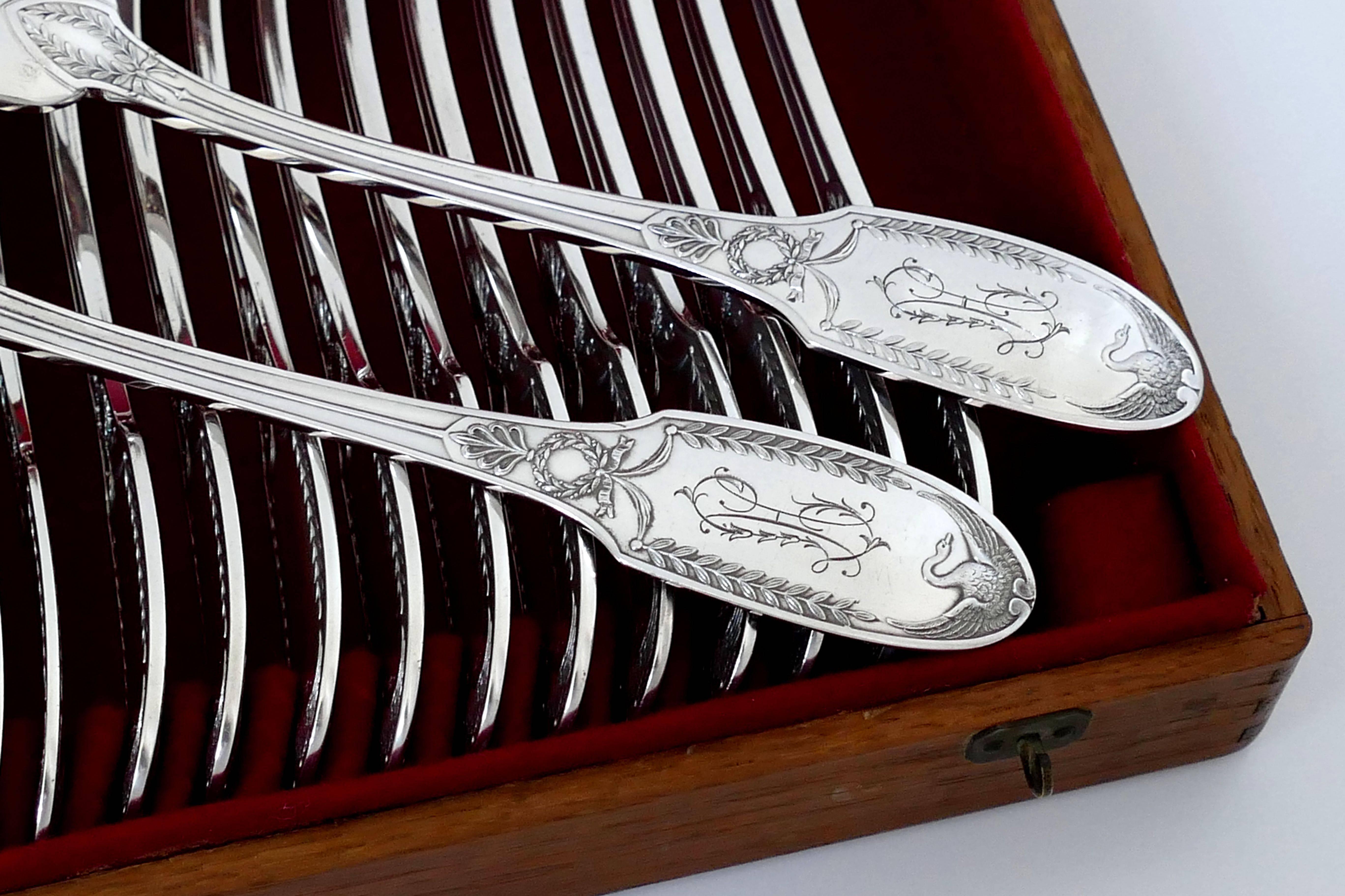 Puiforcat French Sterling Silver Flatware Set of 48 Pieces, Chest, Empire, Swan  2
