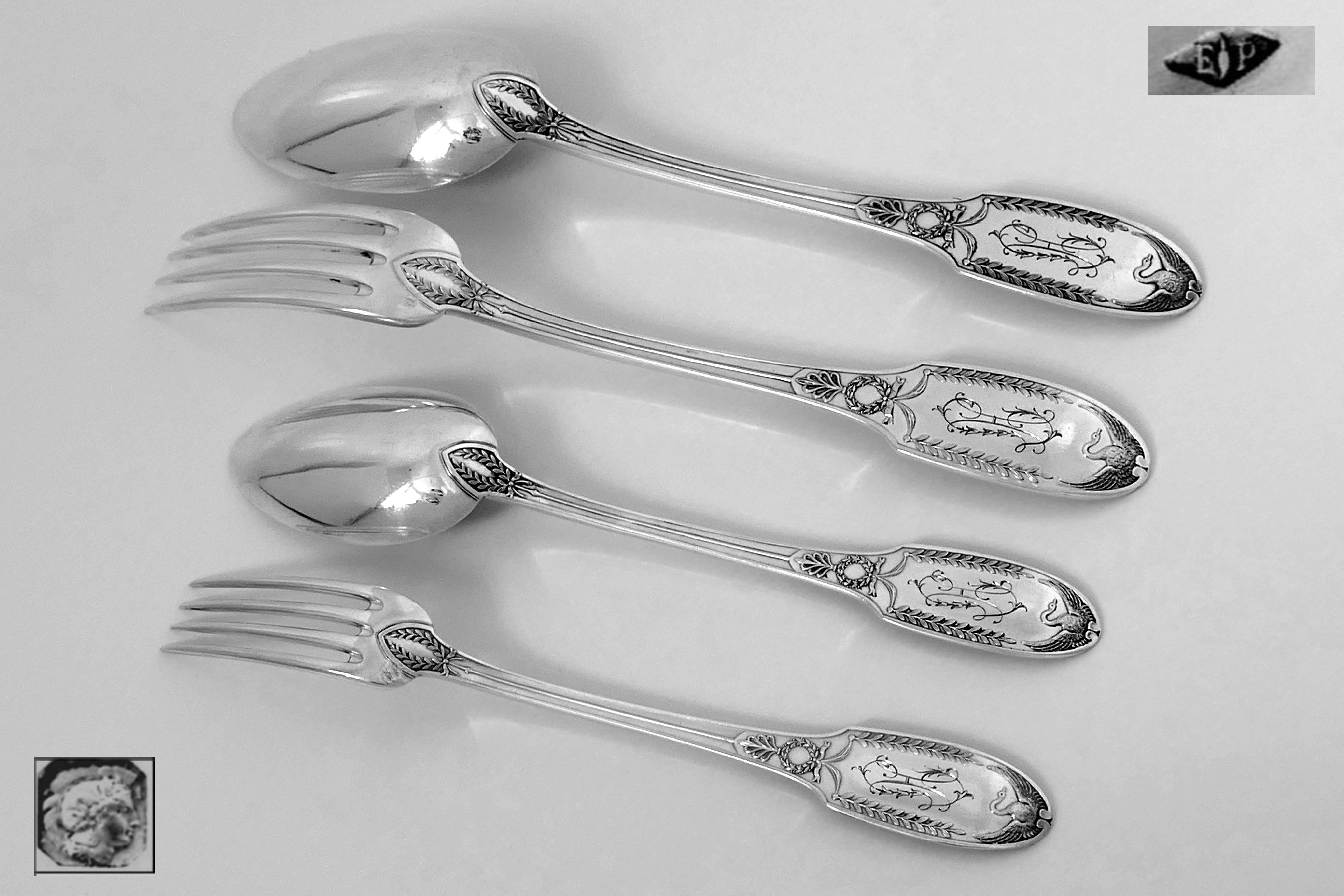 Puiforcat French Sterling Silver Flatware Set of 48 Pieces, Chest, Empire, Swan  In Good Condition In TRIAIZE, PAYS DE LOIRE