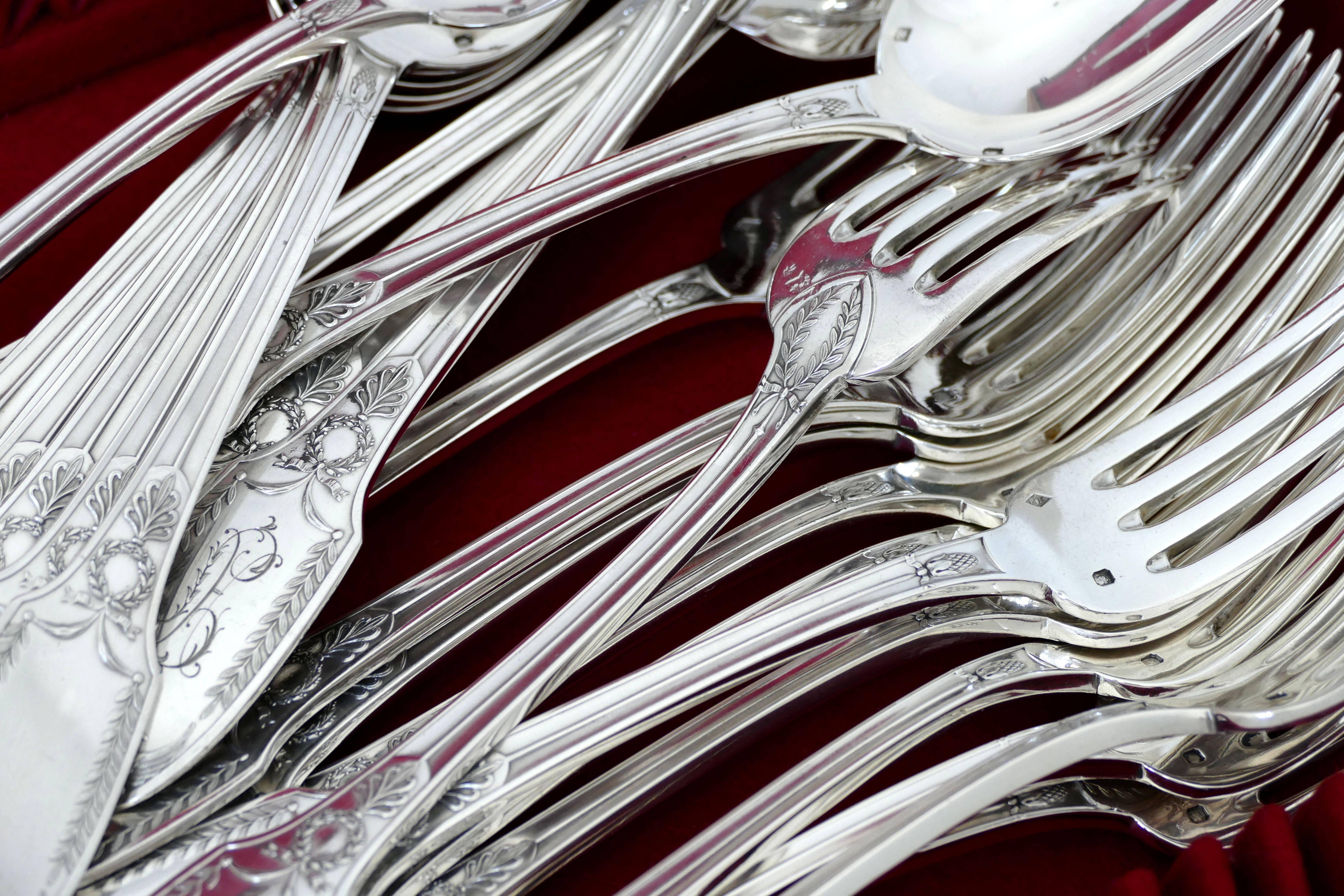 Puiforcat French Sterling Silver Flatware Set of 48 Pieces, Chest, Empire, Swan  5