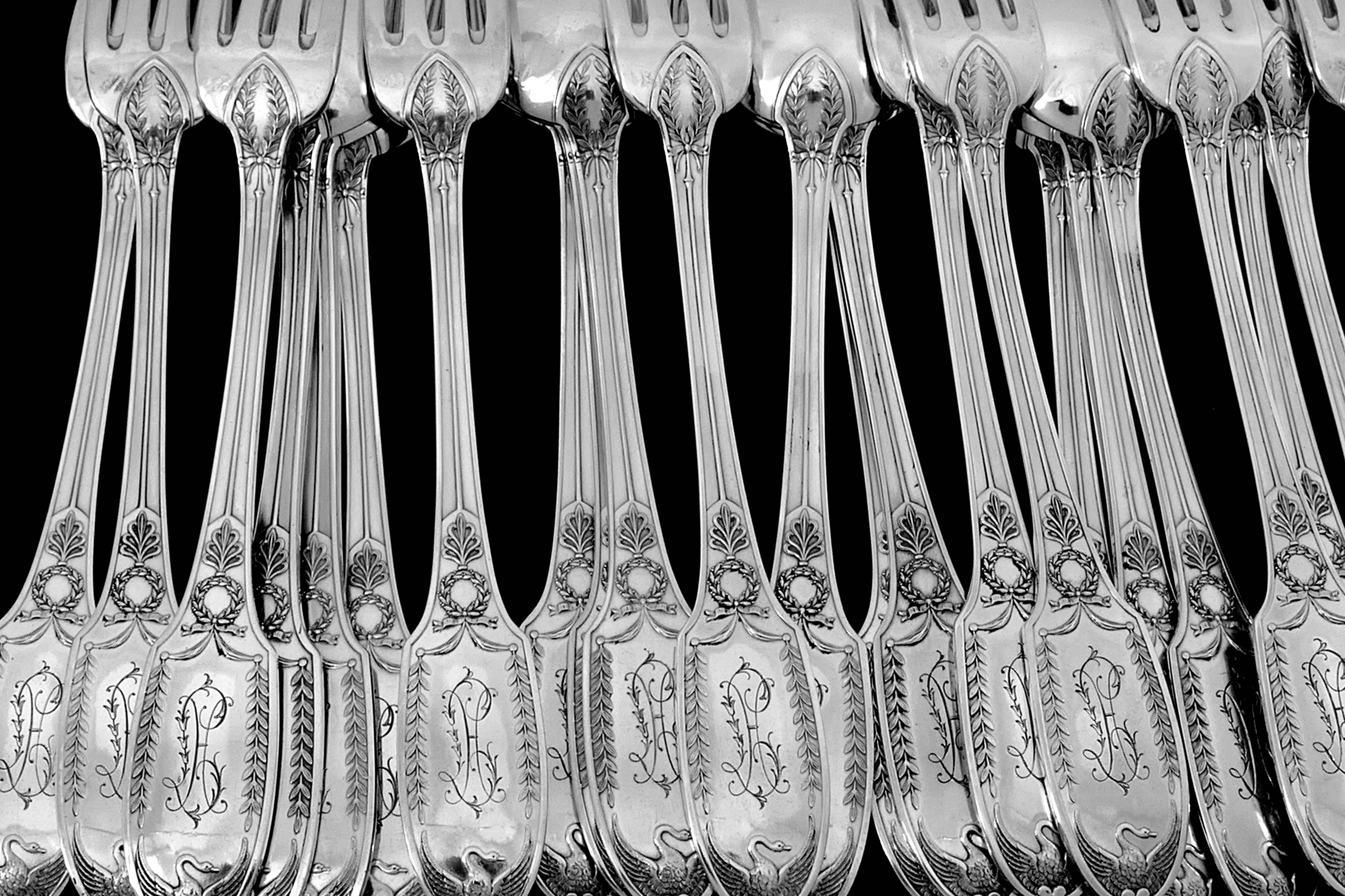 Puiforcat French Sterling Silver Flatware Set of 48 Pieces, Chest, Empire, Swan  6
