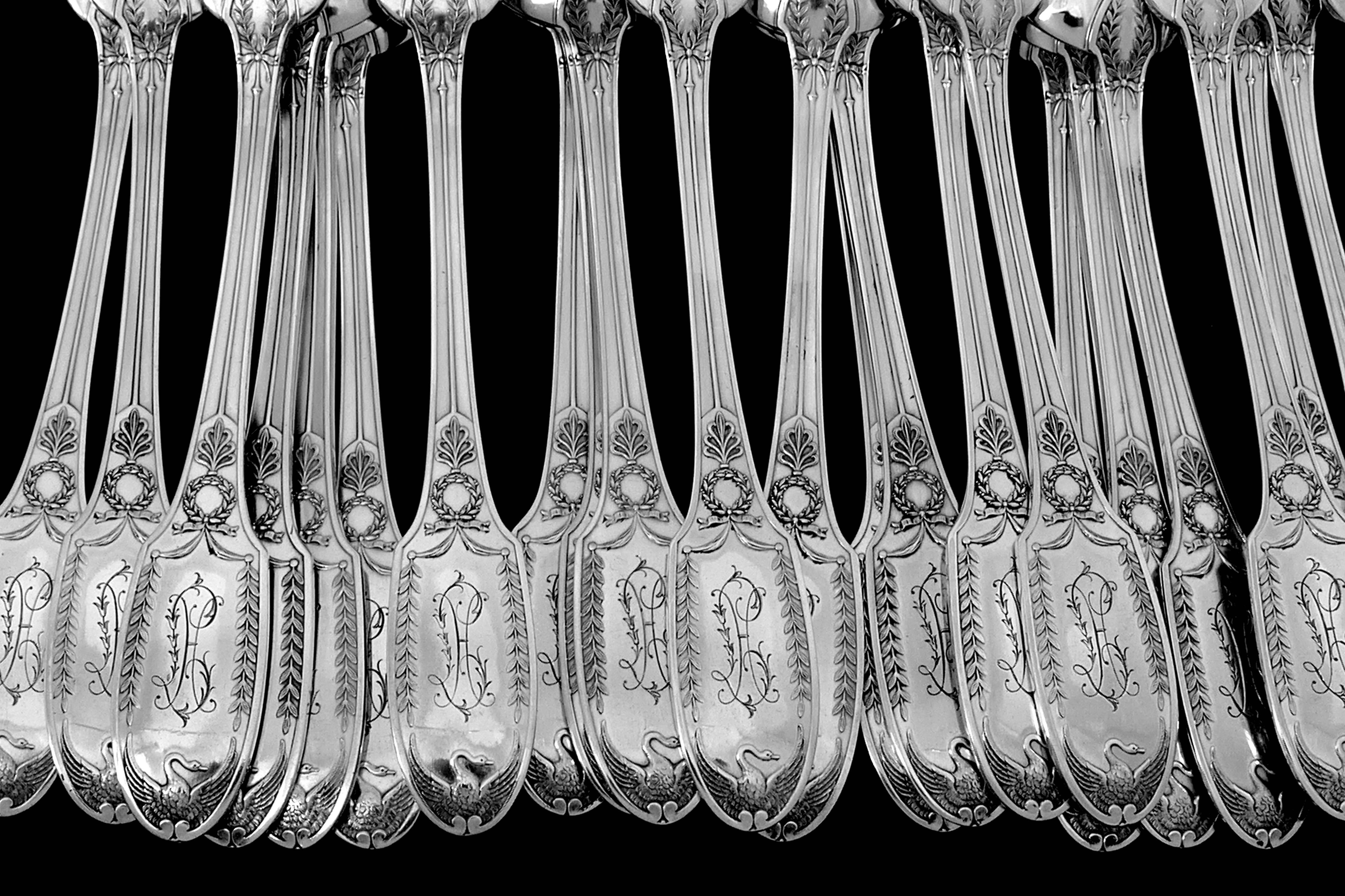 Puiforcat French Sterling Silver Flatware Set of 48 Pieces, Chest, Empire, Swan  3