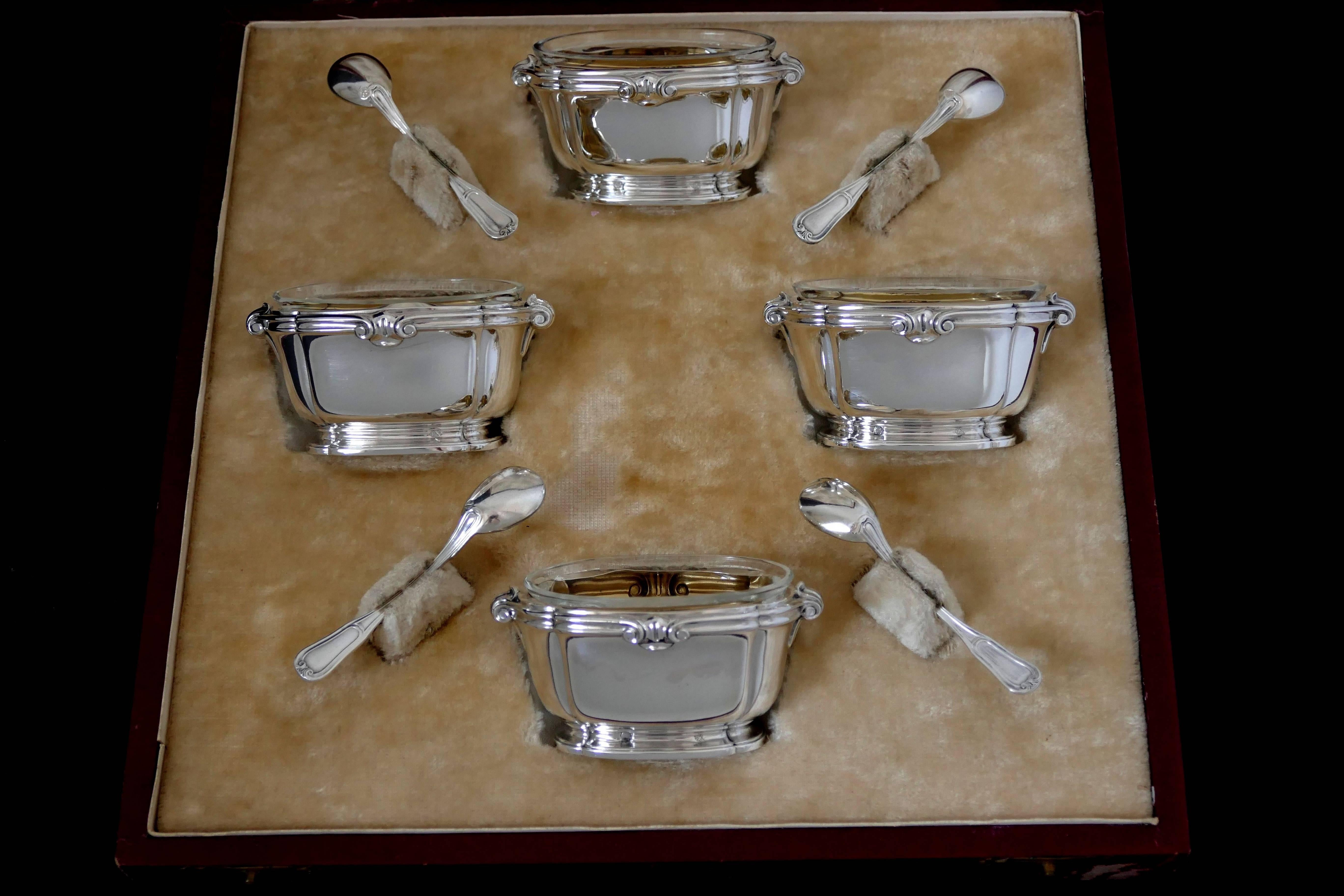 Early 20th Century Tetard French Sterling Silver Four Salt Cellars, Spoons, Original Box