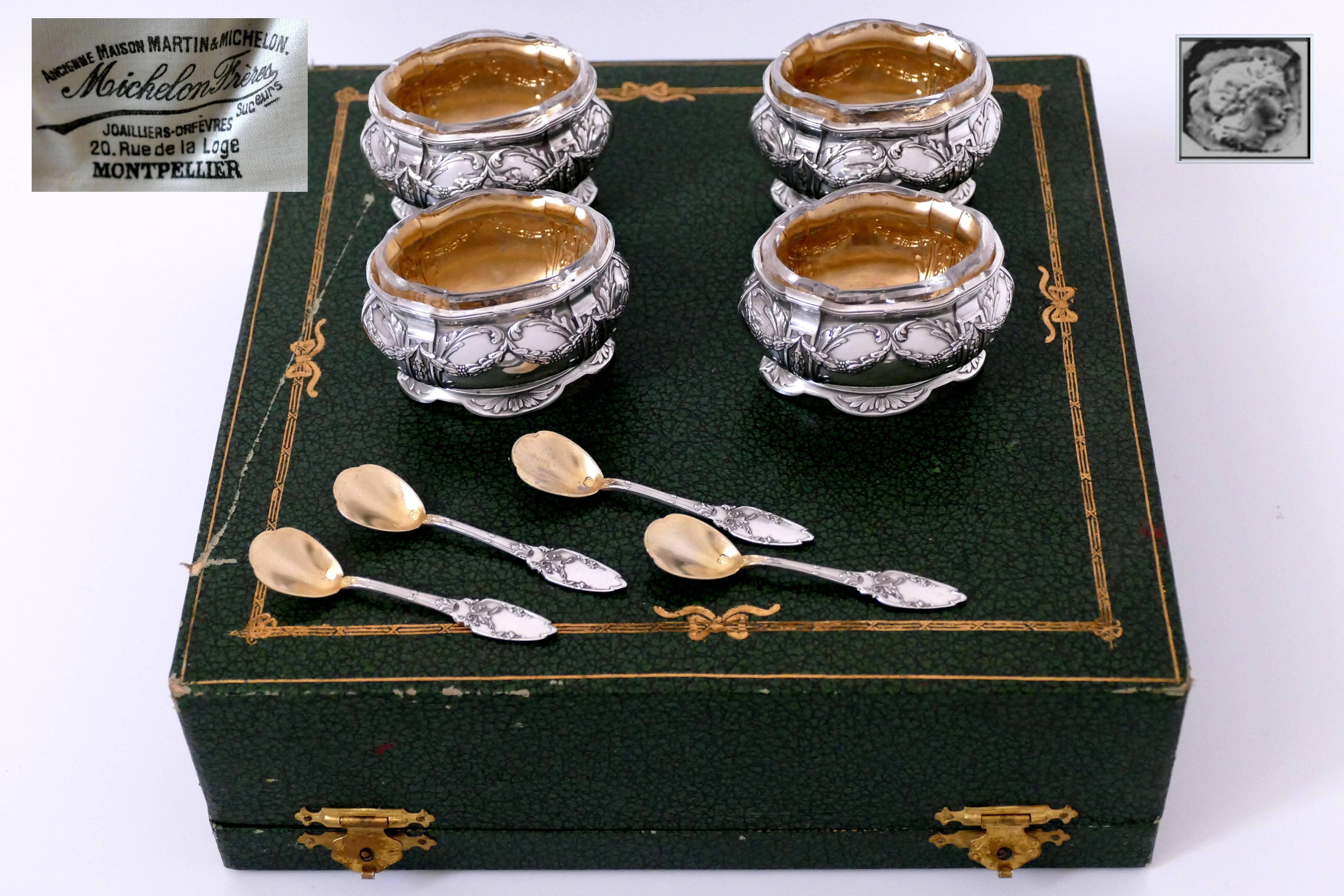 Collet French Sterling Silver 18-Karat Gold Four Salt Cellars, Spoons, Box For Sale 2