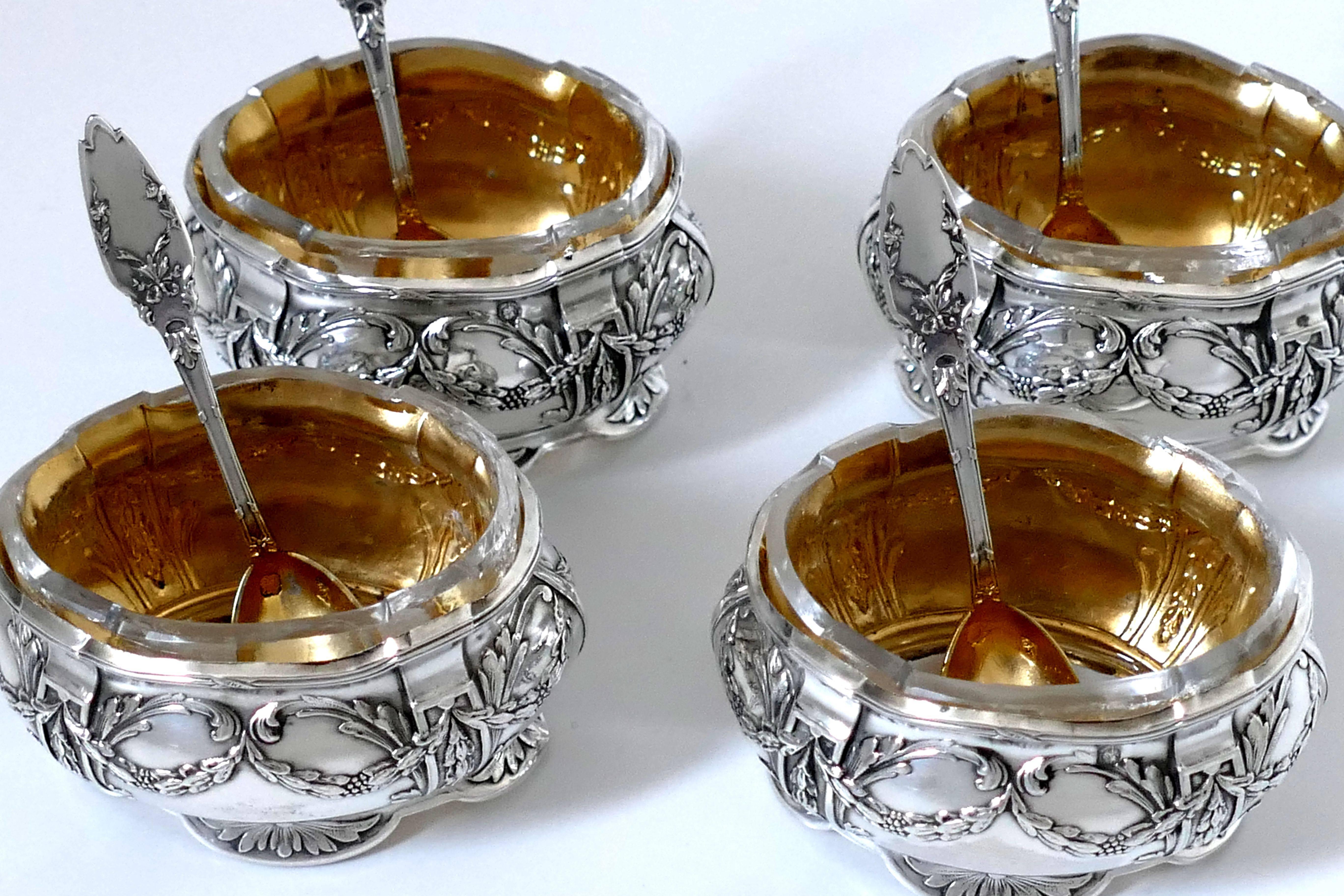 Collet French Sterling Silver 18-Karat Gold Four Salt Cellars, Spoons, Box For Sale 3