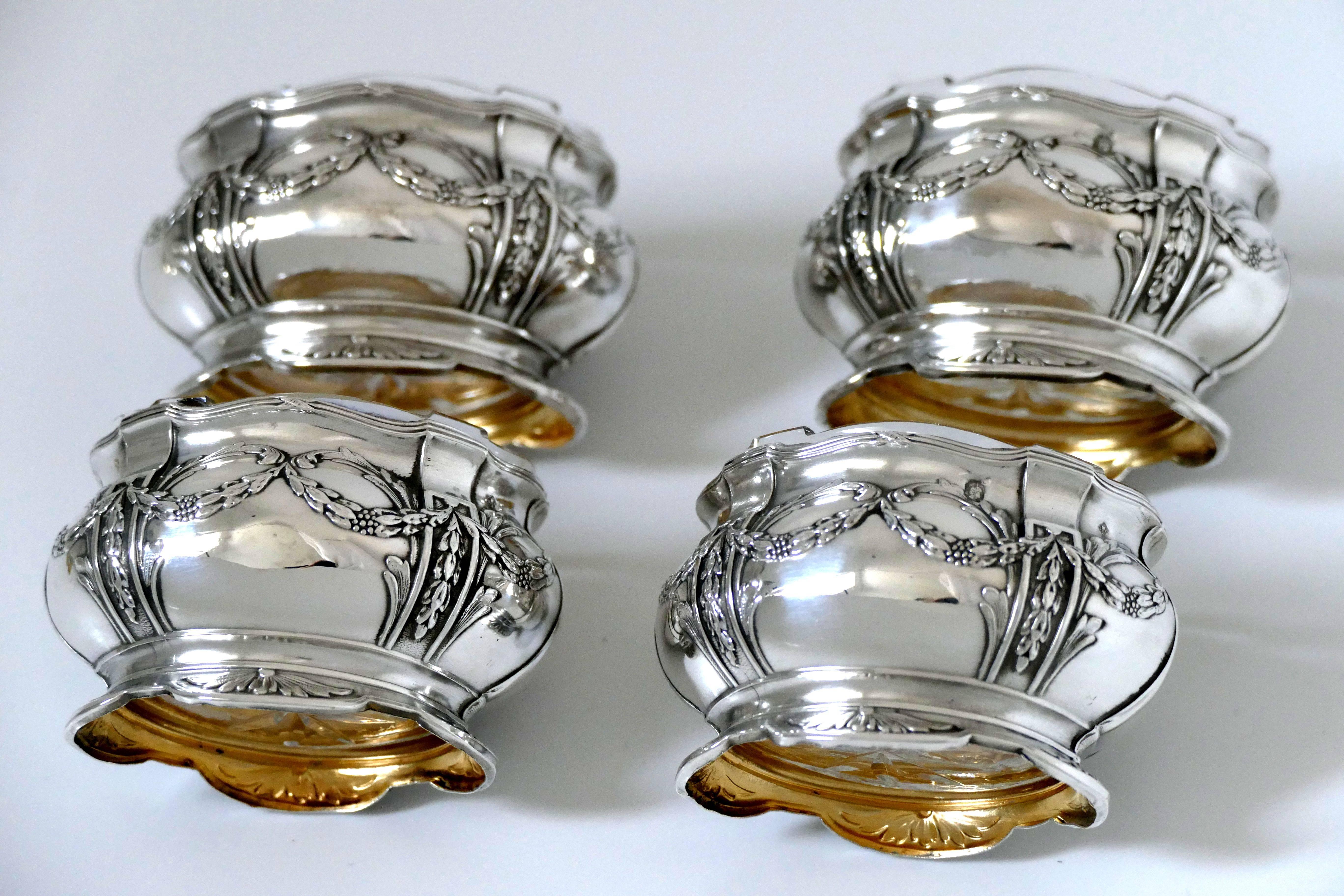 Collet French Sterling Silver 18-Karat Gold Four Salt Cellars, Spoons, Box For Sale 5