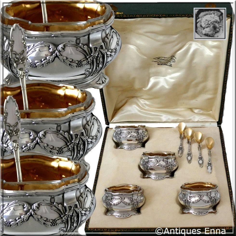 Head of Minerve first titre for 950/1000 French sterling silver vermeil guarantee. The quality of the gold used to recover sterling silver is a minimum of 750 mils (18-karat).

Fabulous French sterling silver salt cellars four-pieces. Each ornately
