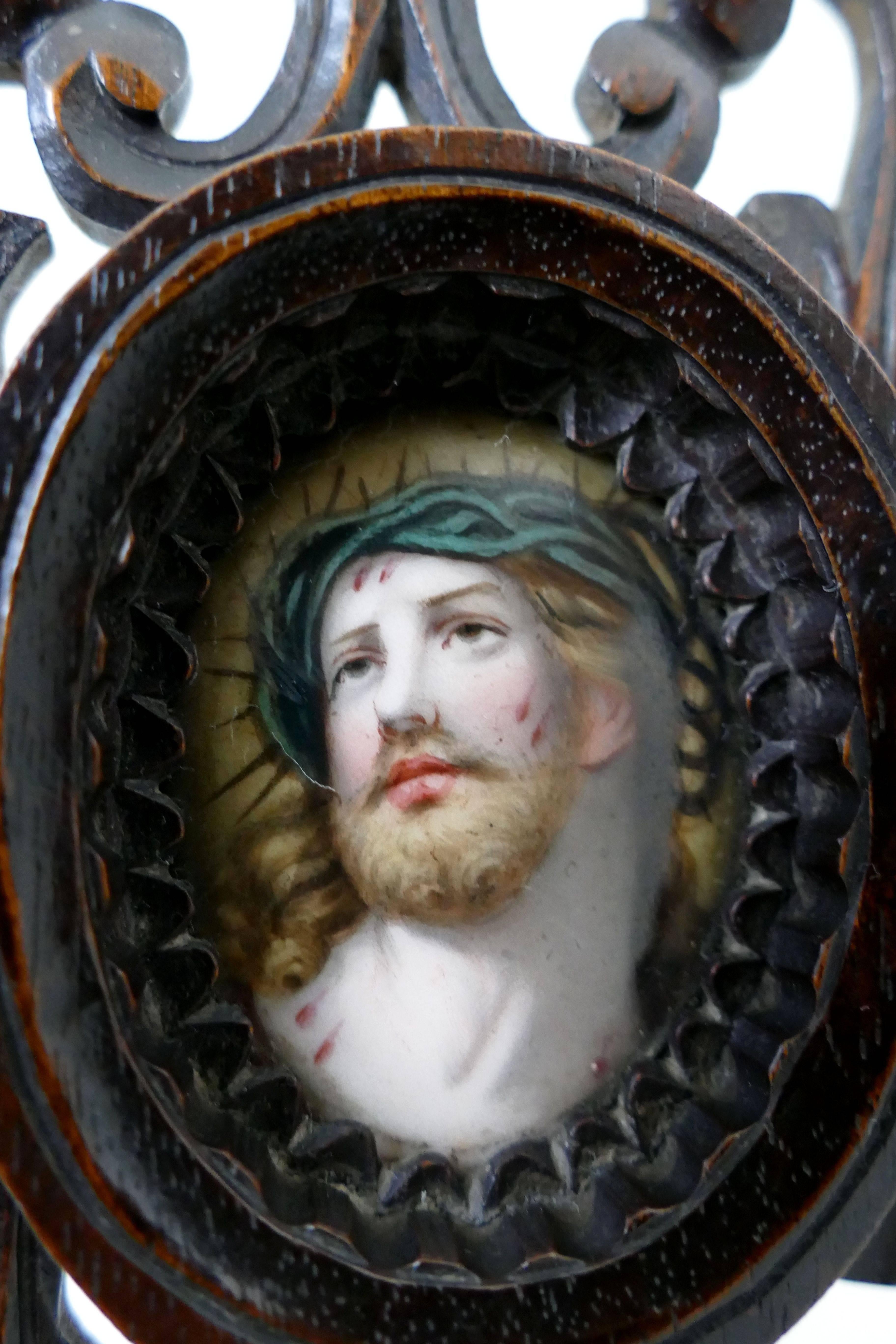 Gothic 19th Century French Carved Wood Oratory Reliquary Hand-Painted Porcelain Christ For Sale