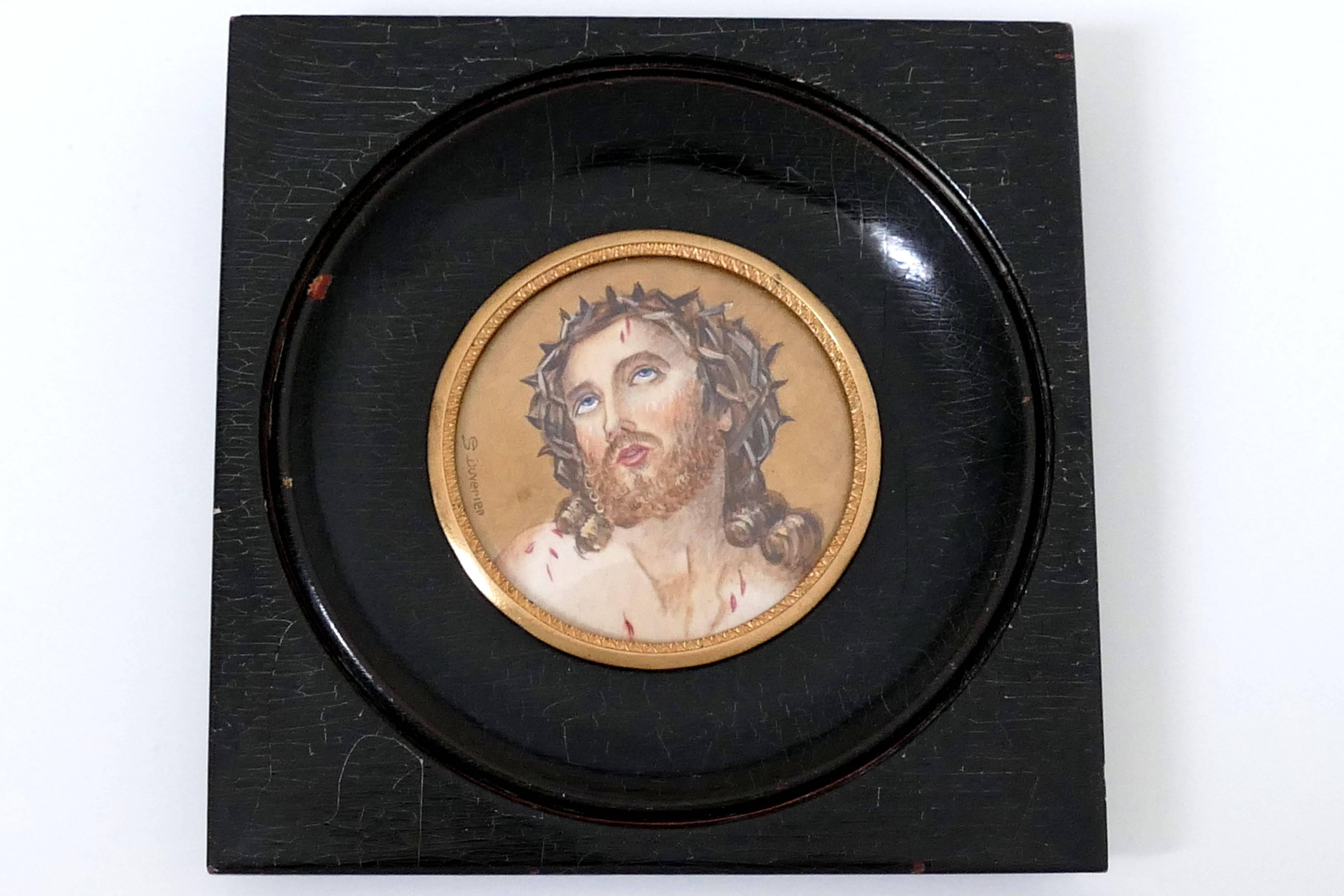 Wood Duvivier Miniature Portrait Hand-Painting of Jesus Christ For Sale