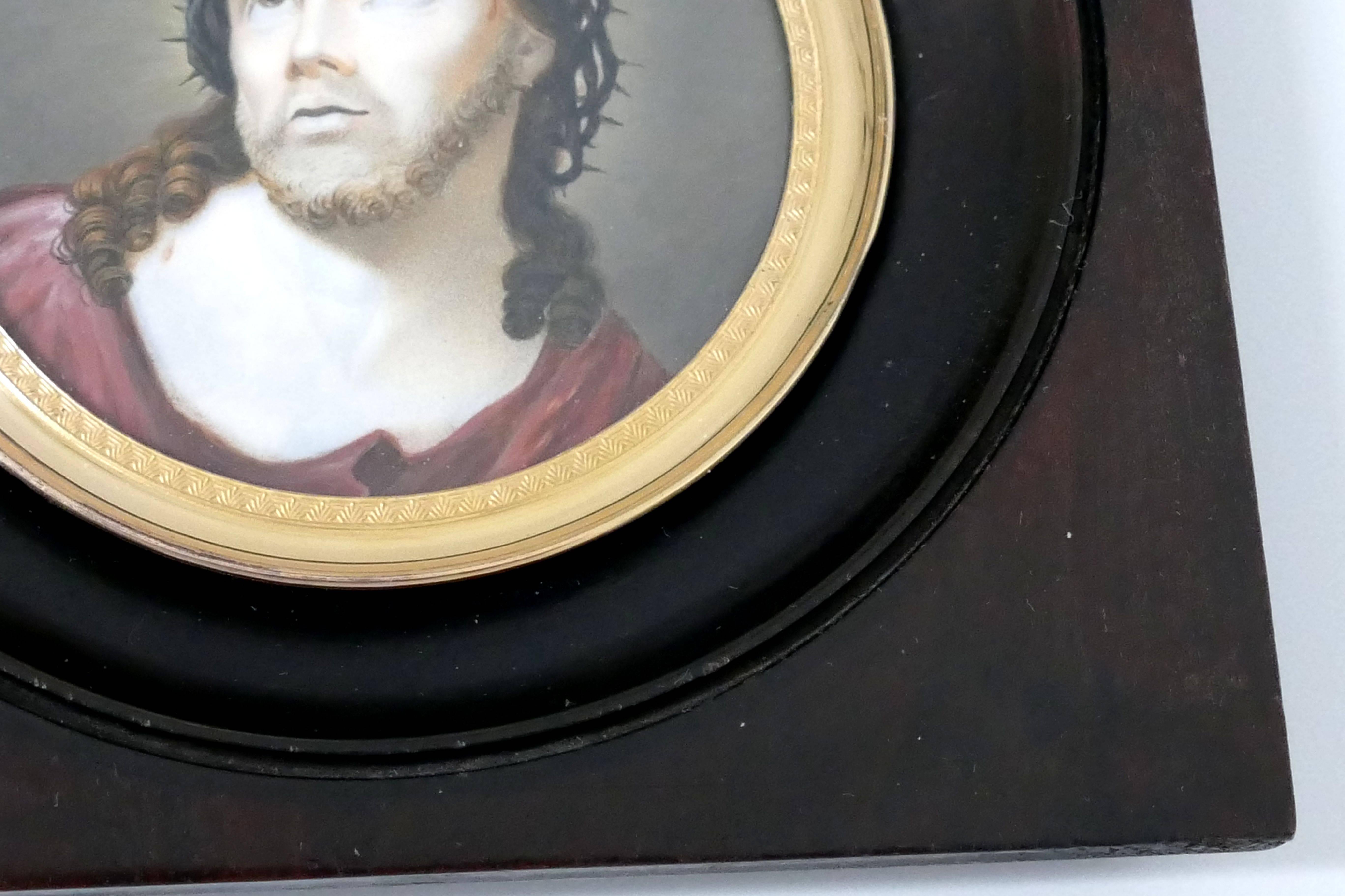 Wood Antique 19th Century French Miniature Portrait Hand-Painting of Christ