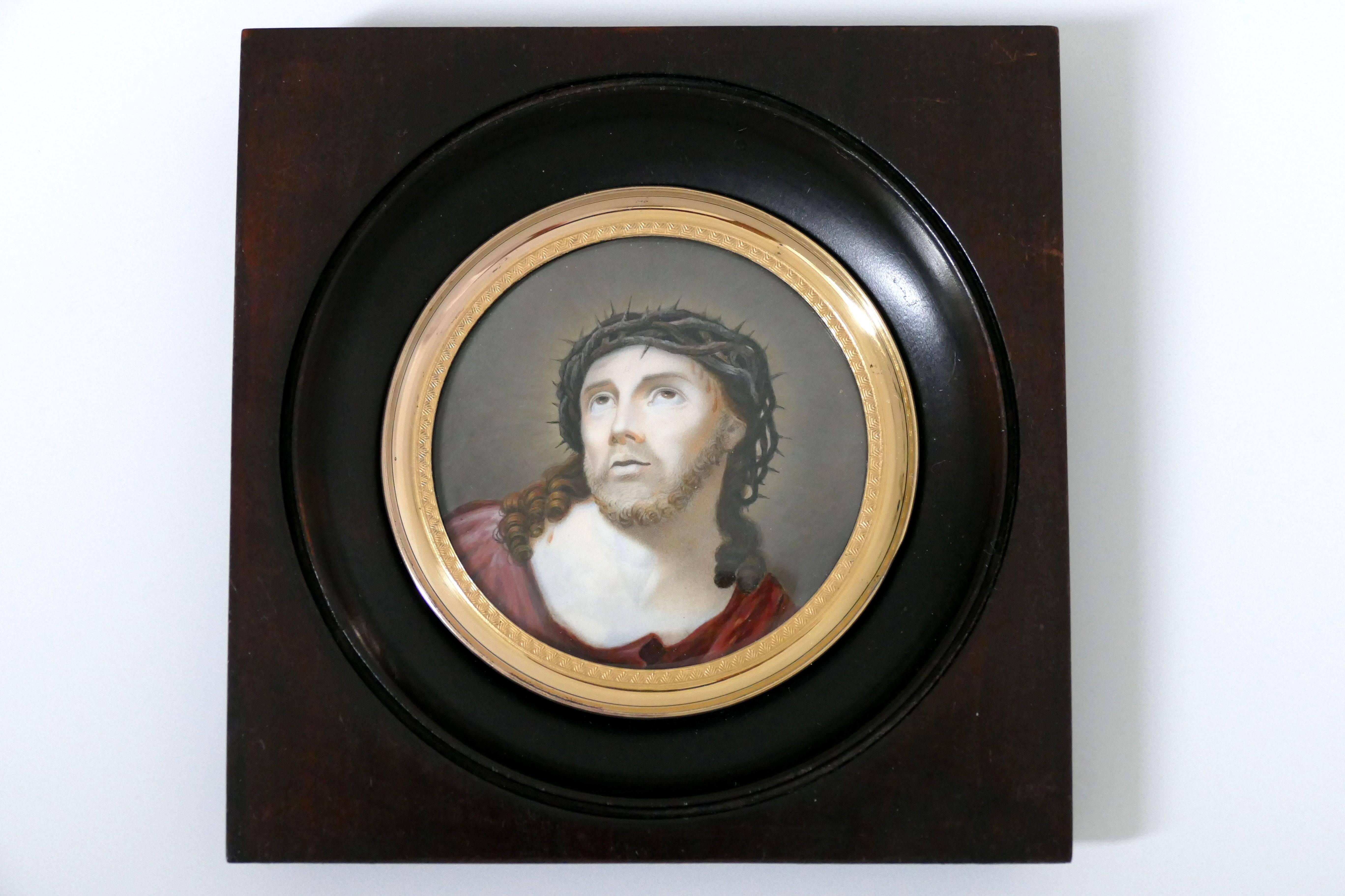 Napoleon III Antique 19th Century French Miniature Portrait Hand-Painting of Christ