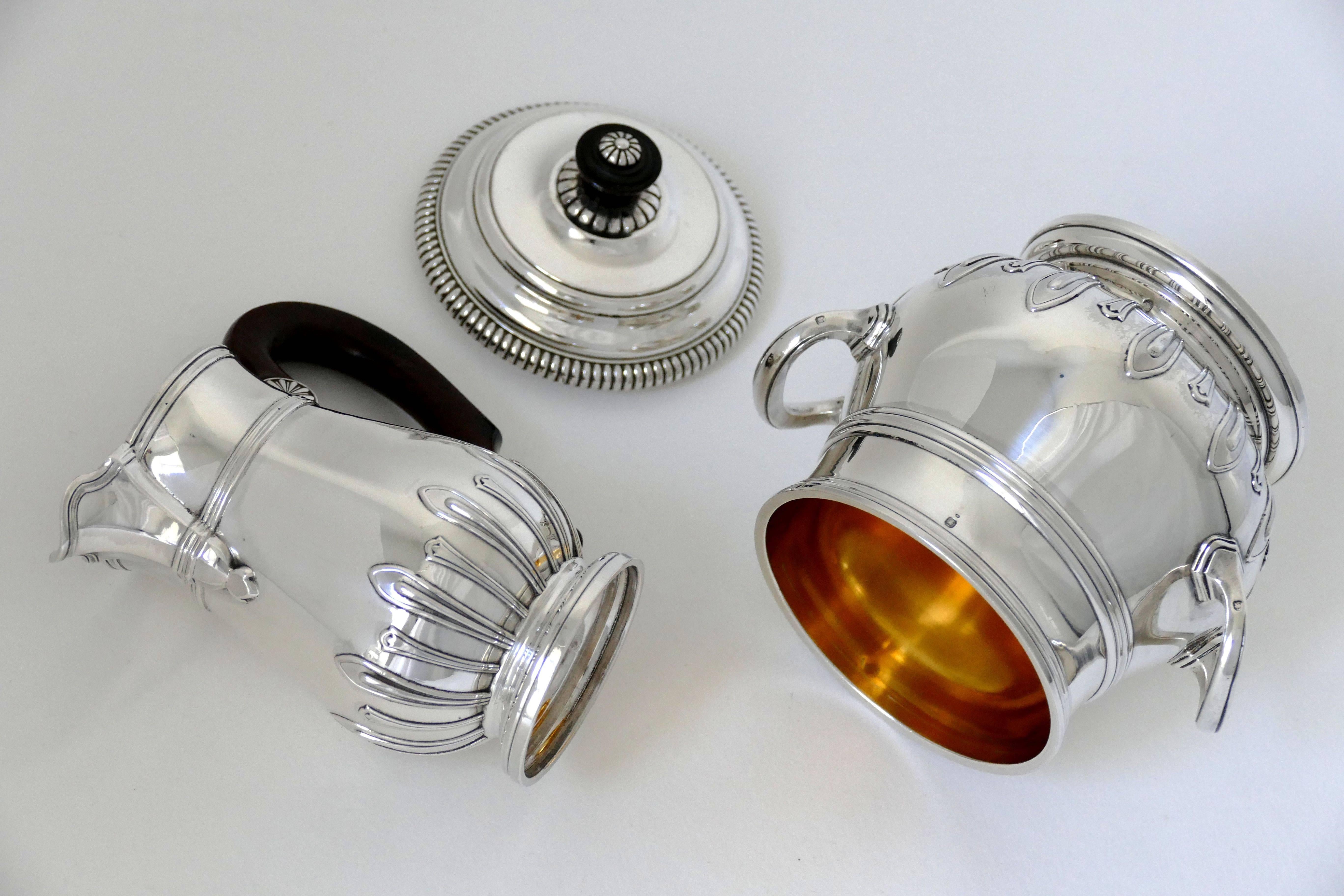 Puiforcat Sterling Silver 18-Karat Gold Tea Pot, Coffee Pot, Sugar Pot, Creamer In Good Condition For Sale In TRIAIZE, PAYS DE LOIRE