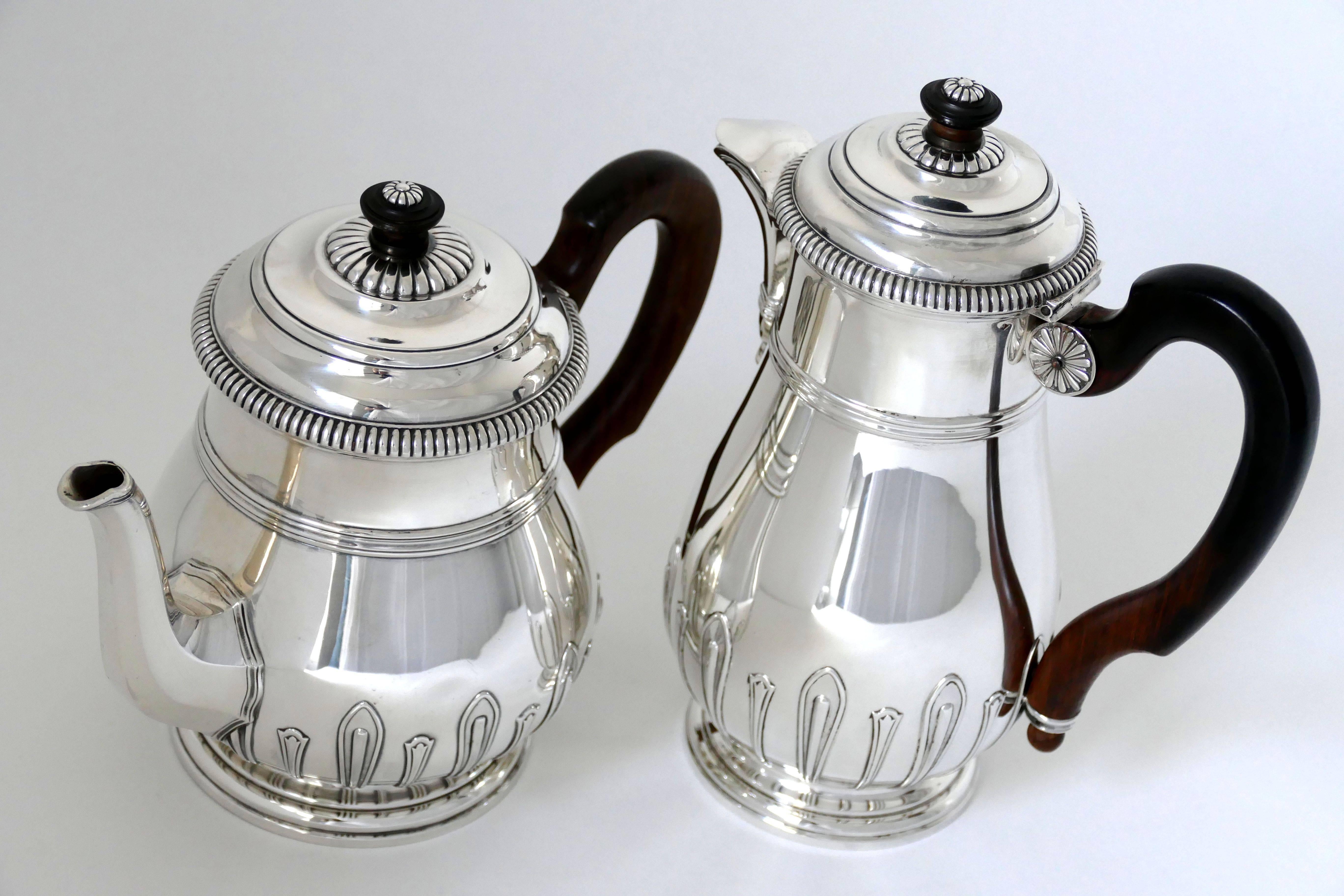 French Puiforcat Sterling Silver 18-Karat Gold Tea Pot, Coffee Pot, Sugar Pot, Creamer For Sale