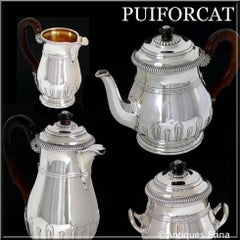Puiforcat Sterling Silver 18-Karat Gold Tea Pot, Coffee Pot, Sugar Pot, Creamer
