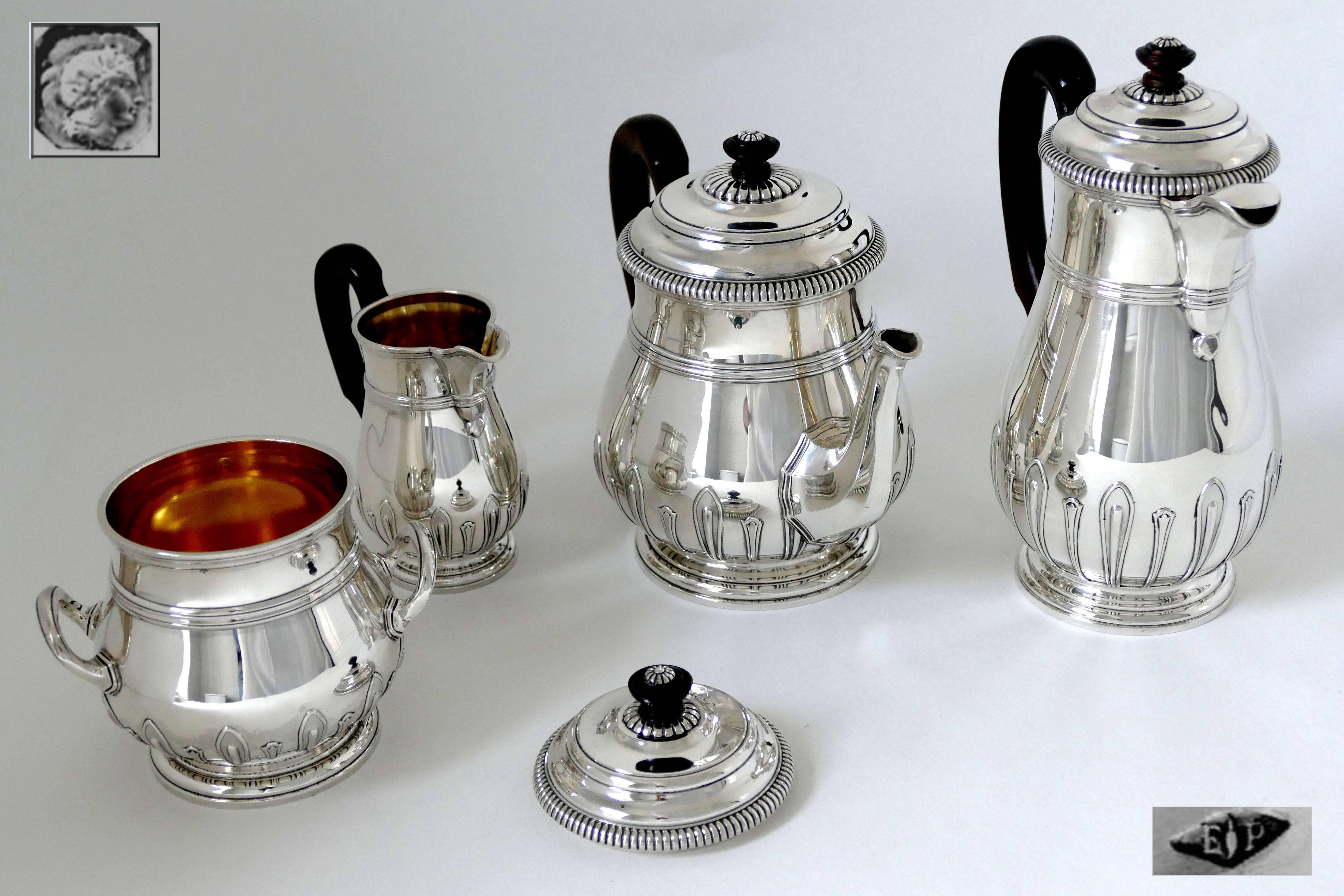 Renaissance Puiforcat Sterling Silver 18-Karat Gold Tea Pot, Coffee Pot, Sugar Pot, Creamer For Sale