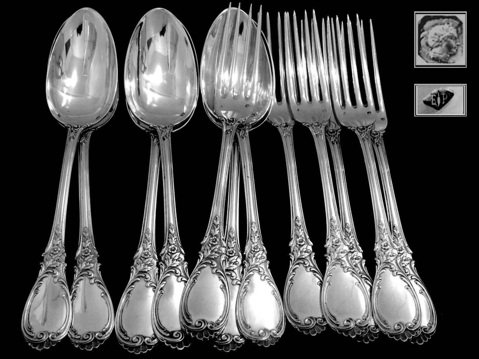 Puiforcat French Sterling Silver Dinner Flatware 12-Piece Set Roses For Sale 3