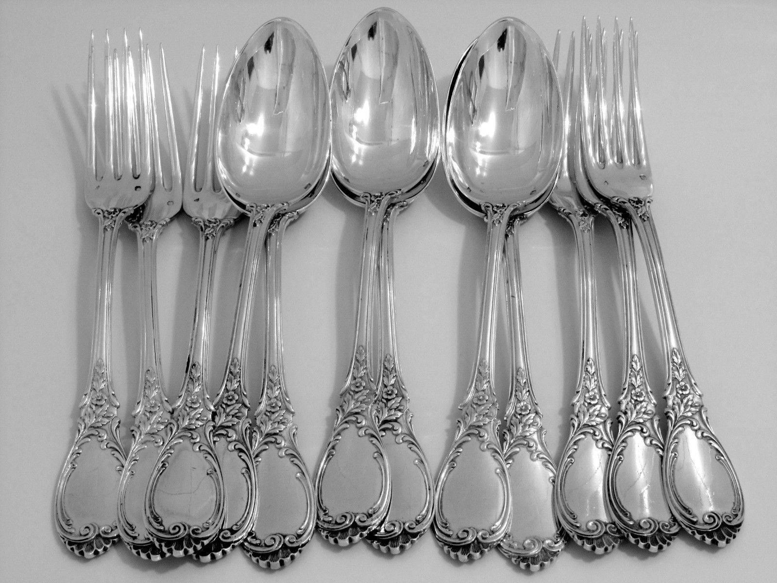 Late 19th Century Puiforcat French Sterling Silver Dinner Flatware 12-Piece Set Roses For Sale