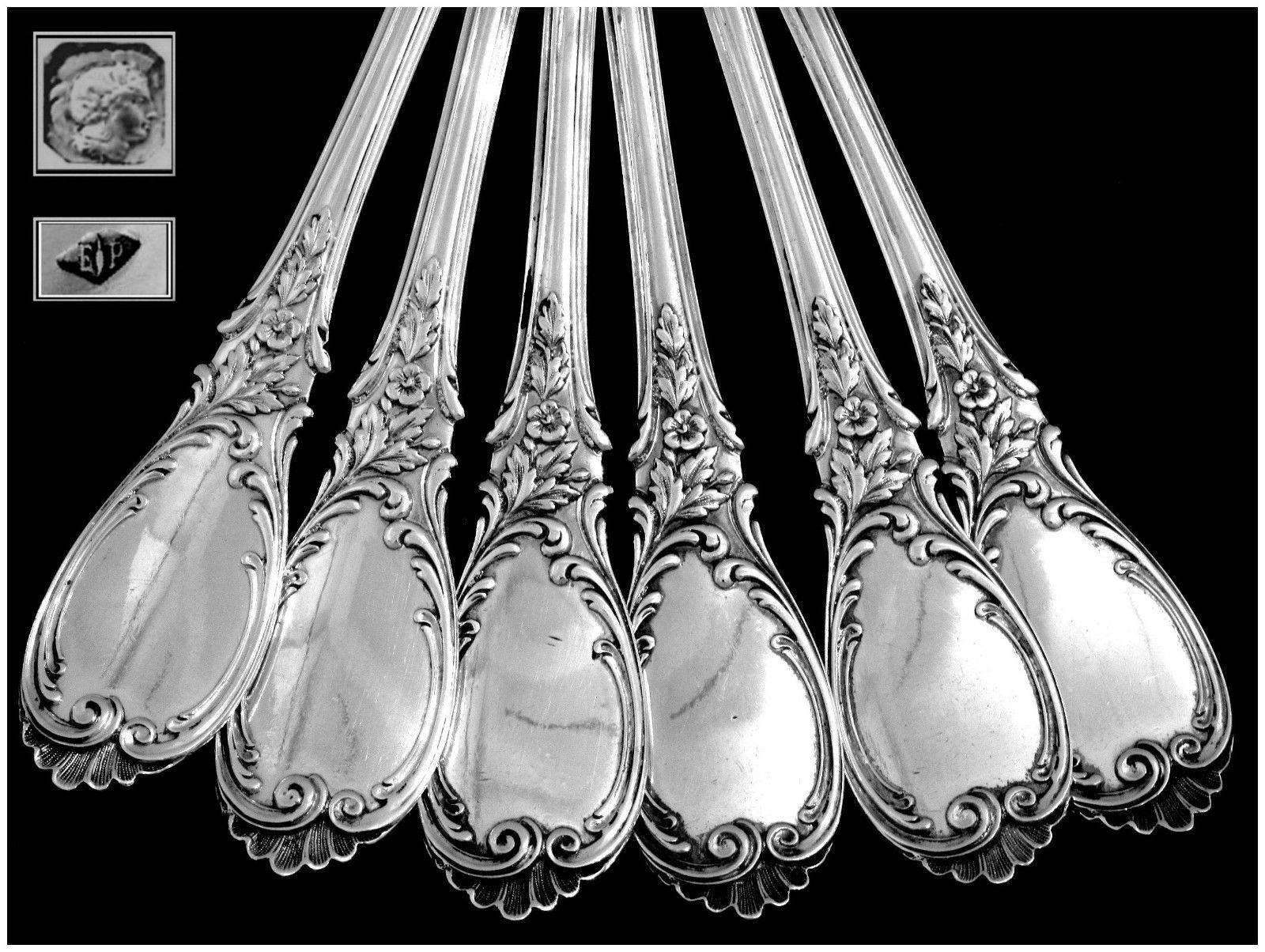 Puiforcat French Sterling Silver Dinner Flatware 12-Piece Set Roses In Good Condition For Sale In TRIAIZE, PAYS DE LOIRE