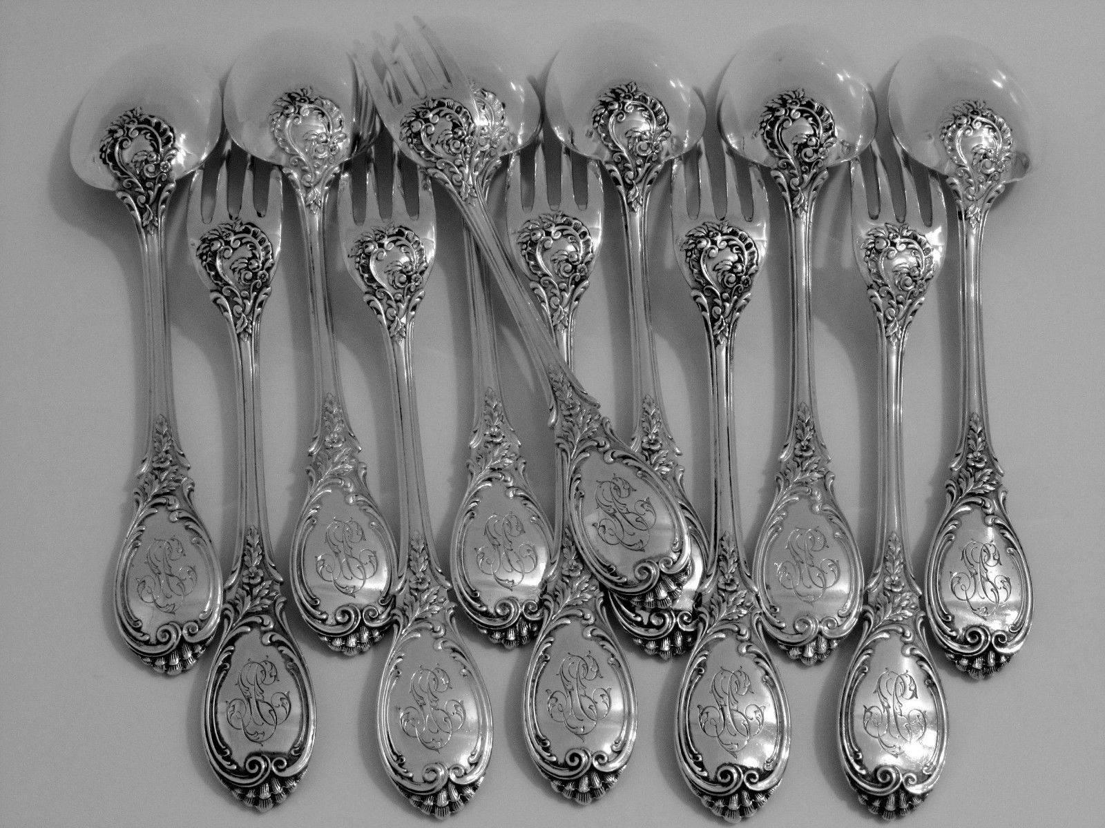 Puiforcat French Sterling Silver Dinner Flatware 12-Piece Set Roses For Sale 2