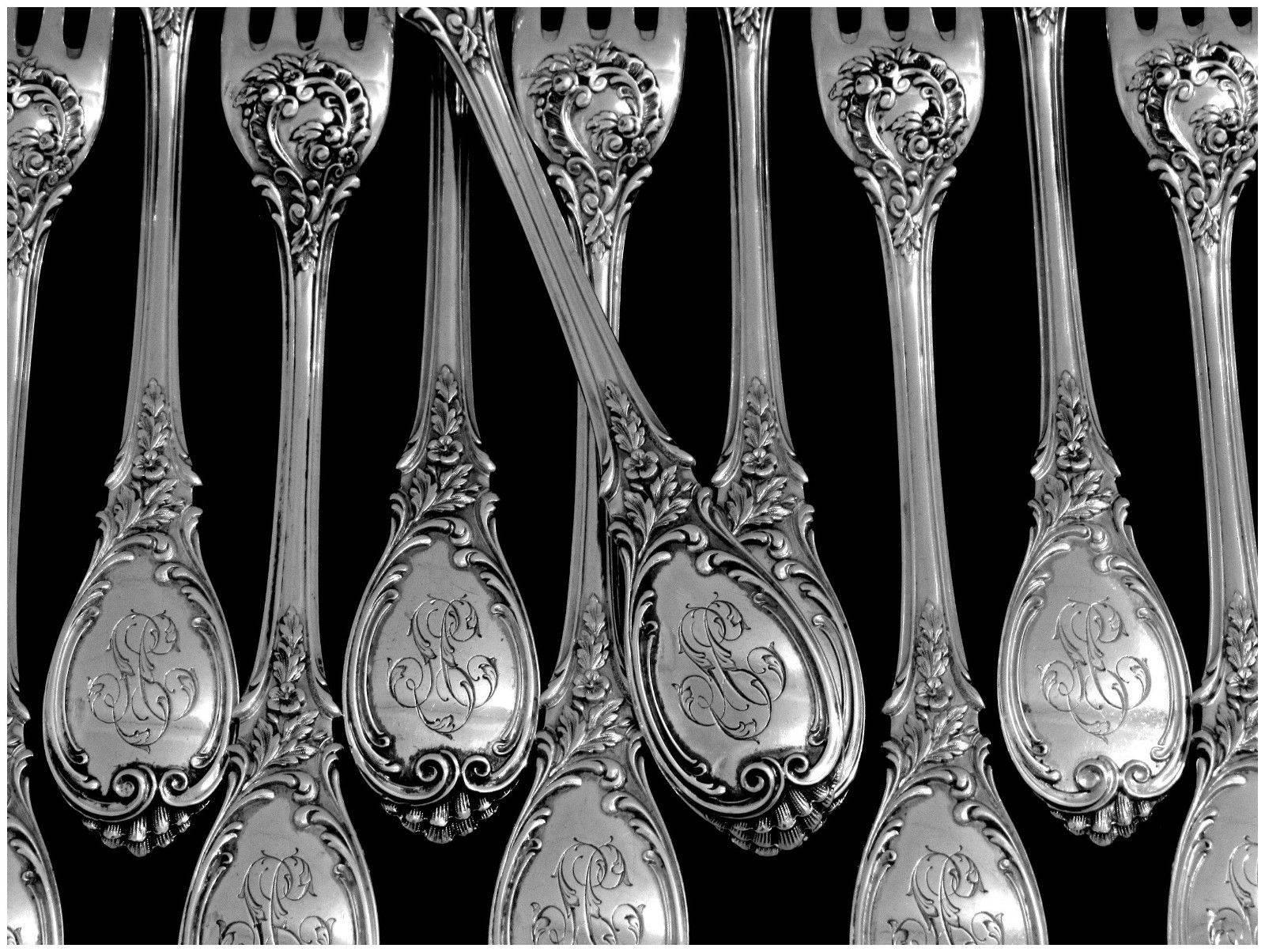 Puiforcat French Sterling Silver Dinner Flatware 12-Piece Set Roses For Sale 1