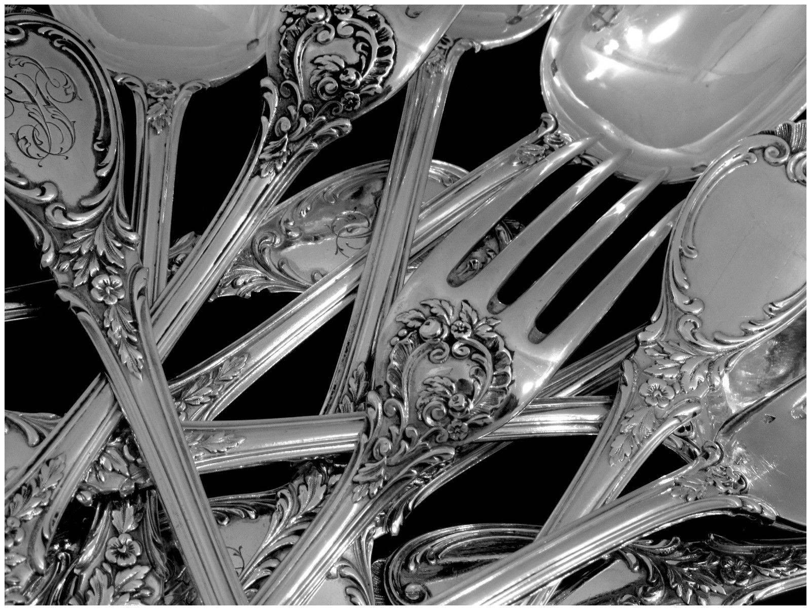 Rococo Puiforcat French Sterling Silver Dinner Flatware 12-Piece Set Roses For Sale